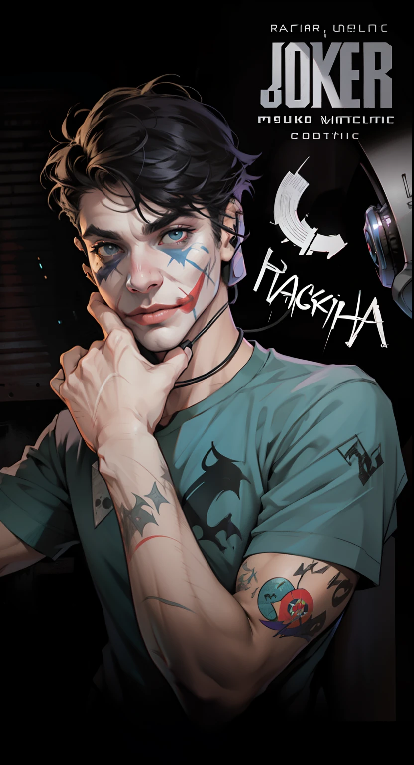 masterpiece, best quality, realistic, Joker half-body shot DJ, HEADPHONES, DC CINEMATIC UNIVERSE, DETAILED FACE, 8k, uhd, sharp focus --auto --s2