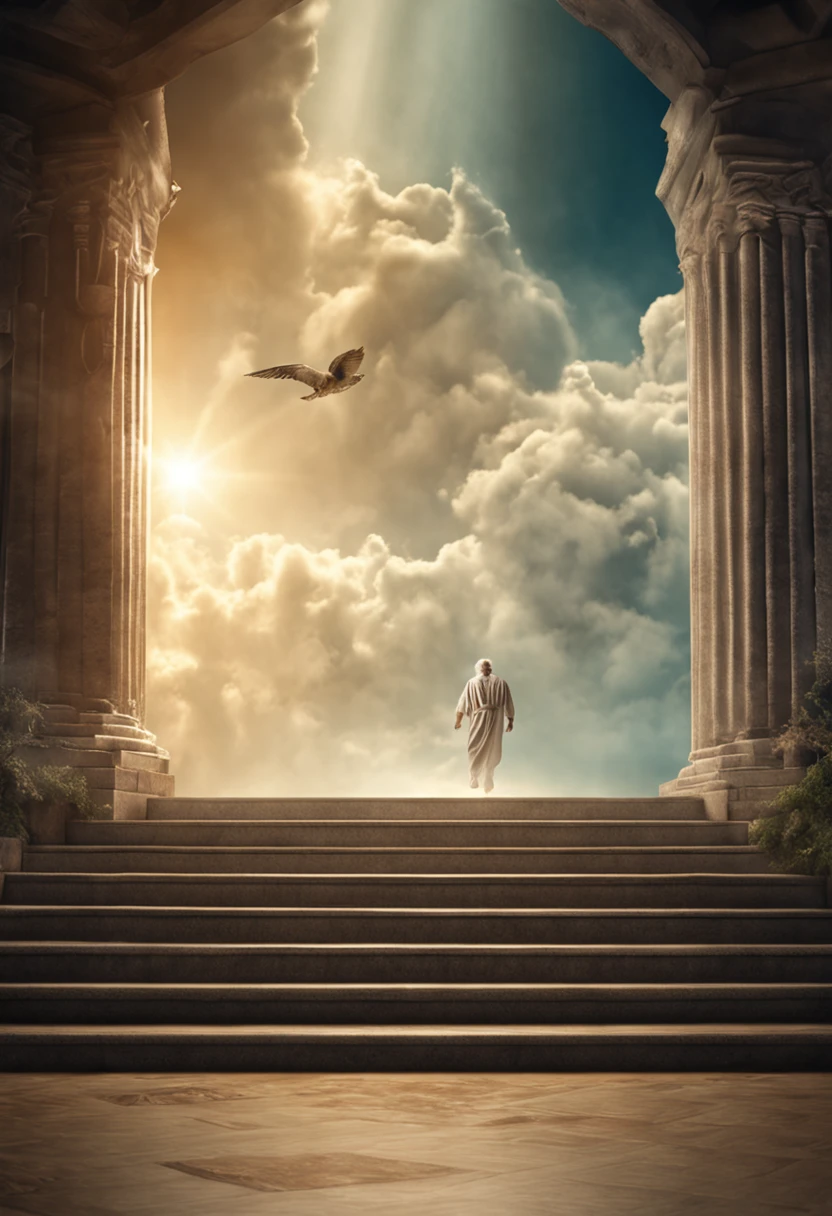 crie uma imagem realista na horizontal,  where an older man is raptured into heaven and finds the throne of God. the image needs to reflect the passage in the bible where Paul describes his rapture.