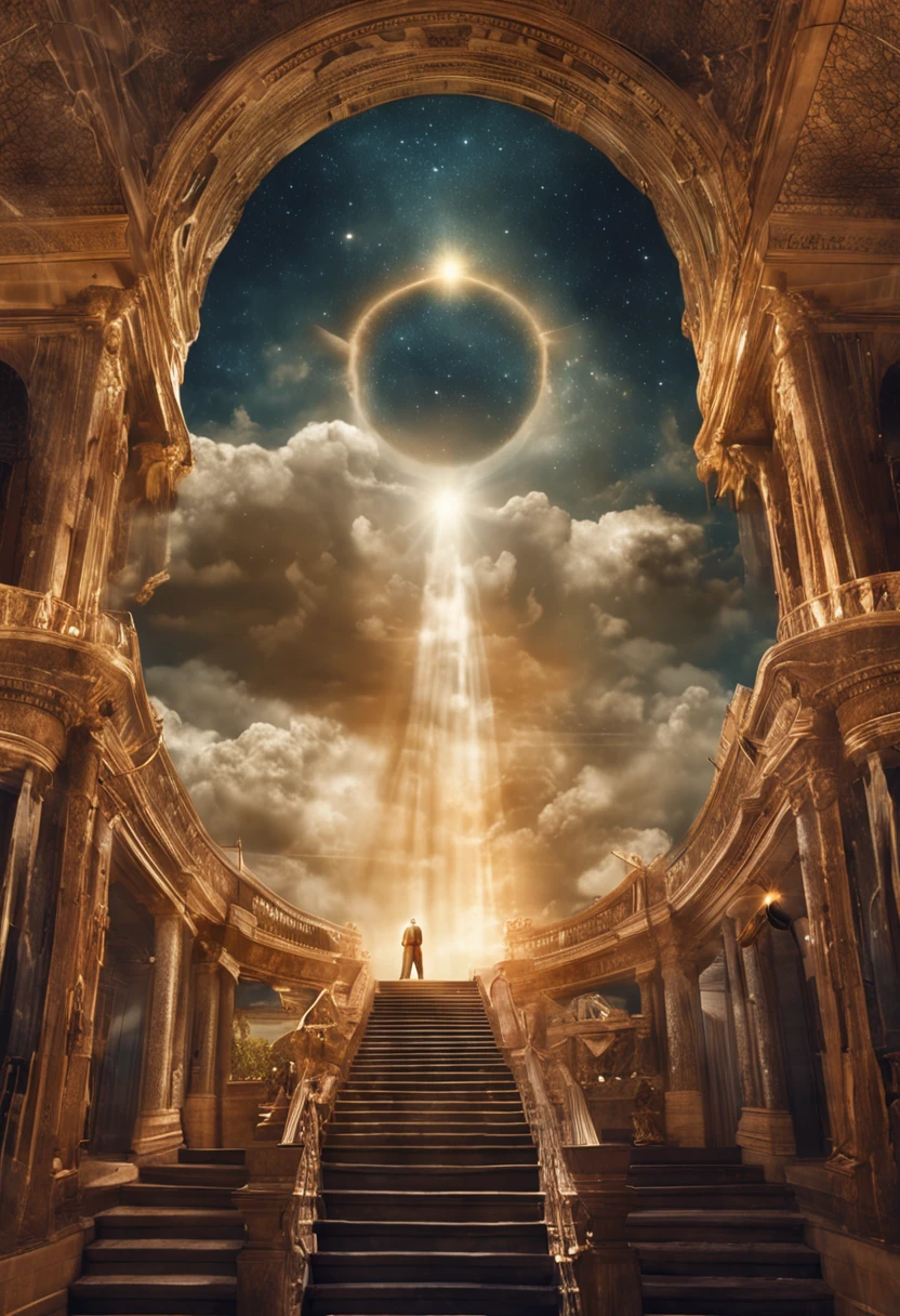 crie uma imagem realista na horizontal, where an older man is raptured into heaven and finds the throne of God. the image needs to reflect the passage in the bible where Paul describes his rapture.