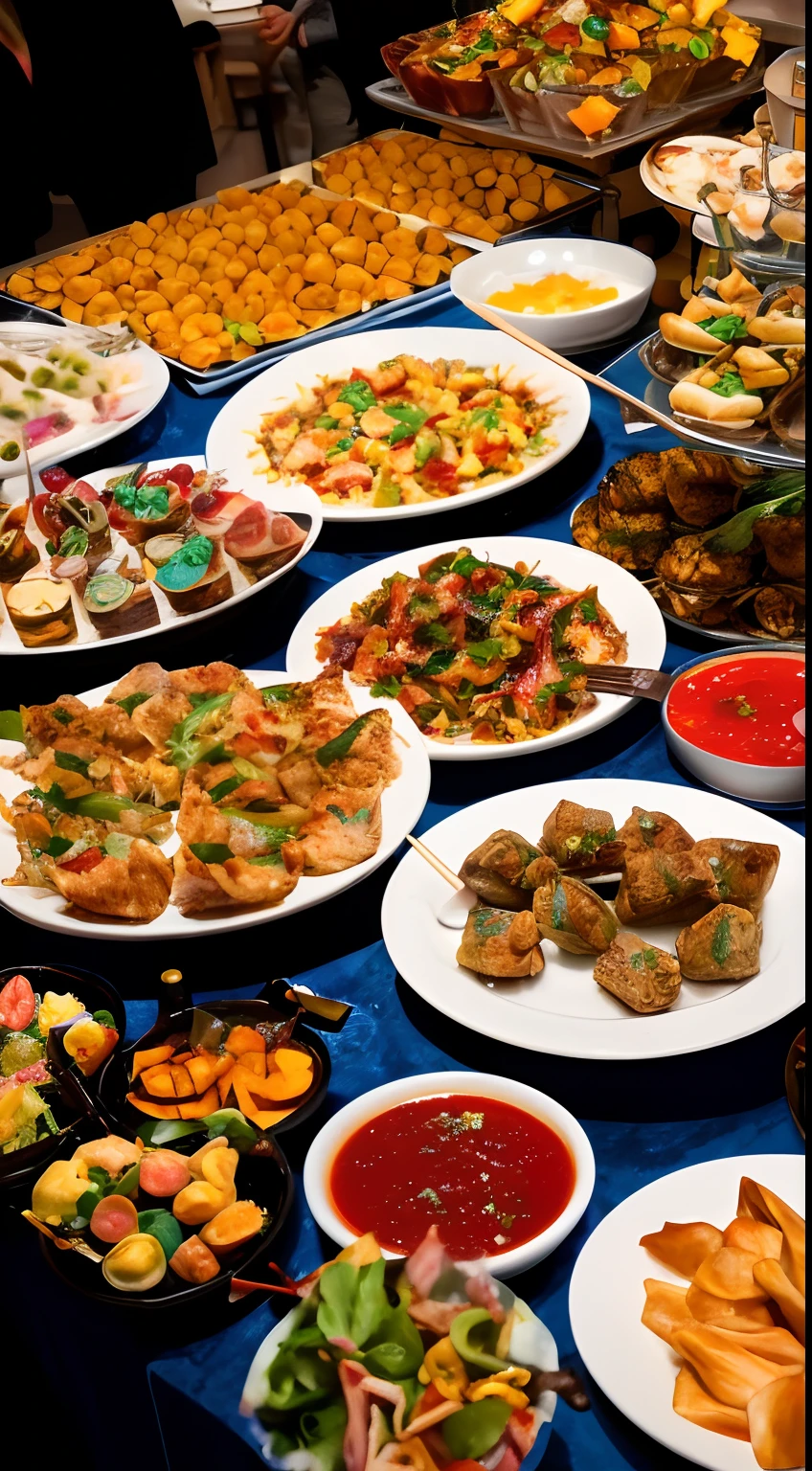 At a lively celebration, a buffet table overflows with an array of delectable party snacks, from crispy spring rolls to stuffed mushrooms and delicate canapés, the aromas of various cuisines mingling in the air, guests eagerly reaching for their favorites, conveying a sense of conviviality and indulgence, Oil Painting, using rich brushstrokes and warm colors to portray the appetizing diversity of the snacks and the joy of the occasion