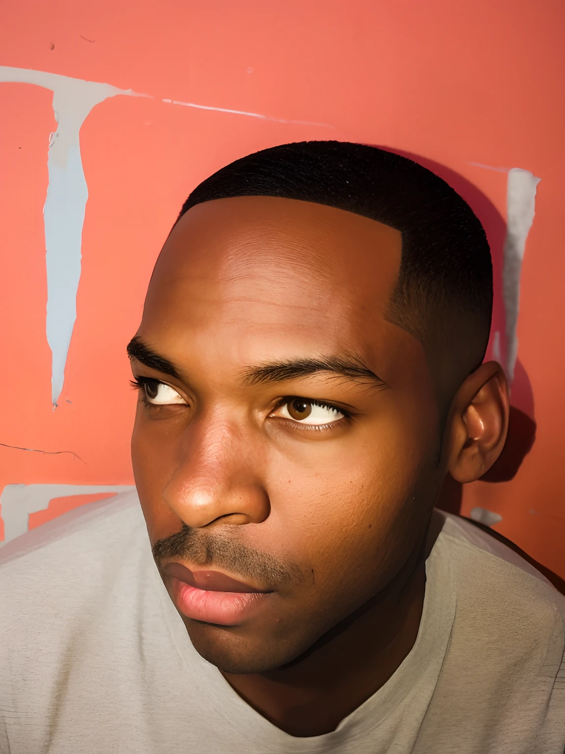 there is a man with a gray shirt and a red wall, flat top haircut, tapered hairline, clean shaven face, profile shot, clean shaven!!!!, sharp detailed face, shaved sides short top, shaved sides, clean shaven wide face, full head shot, short on sides, short black hair with gel, crew cut, black edges