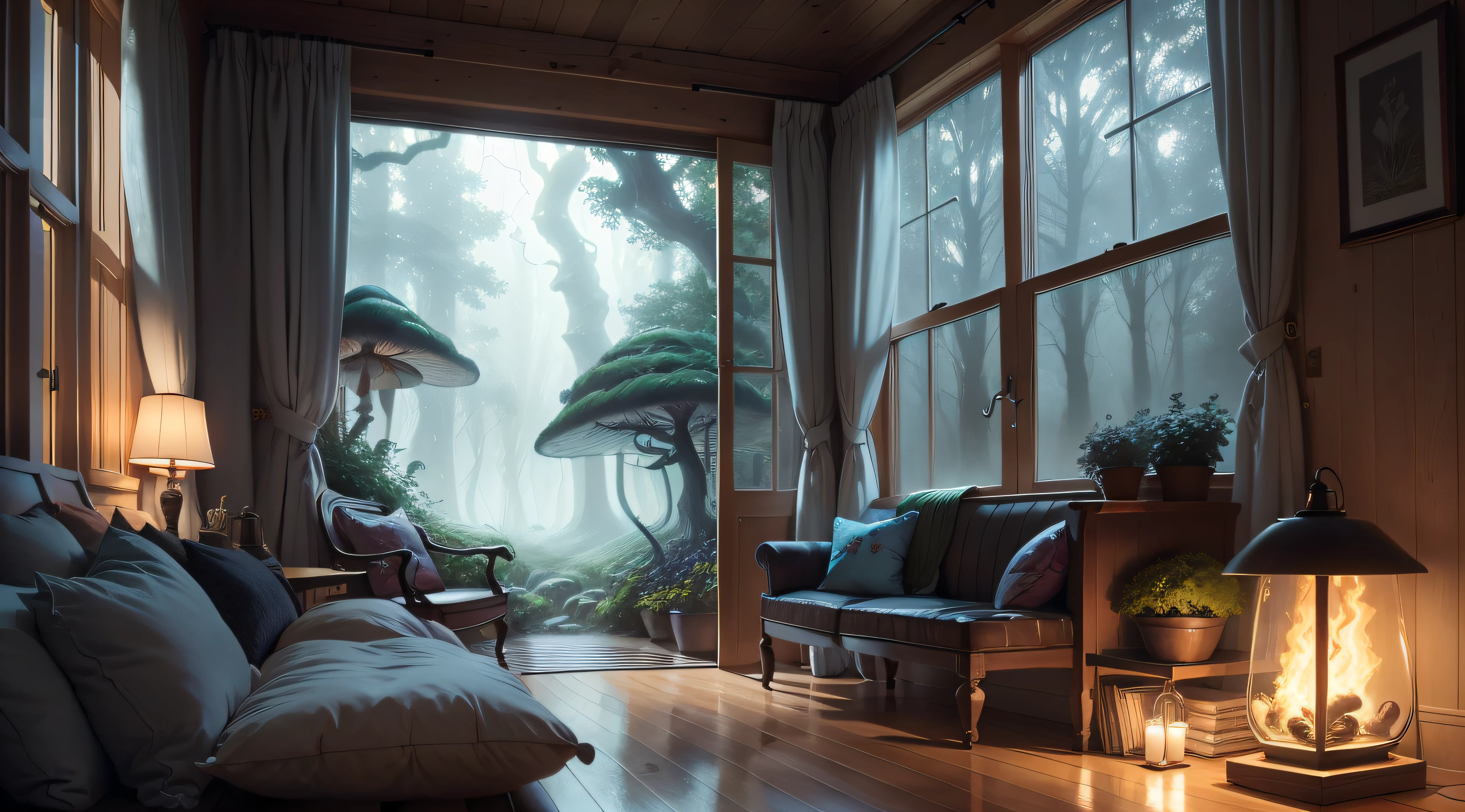 A dreamlike illustration featuring a cozy interior scene, drawn by Adrian Smith, with rain and storm clouds visible outside a window. The scene includes magical forests filled with colorful mushrooms and creatures, and audio waves can be heard in the background. The image is rendered in a warm, colorful style with a focus on contrast and texture
