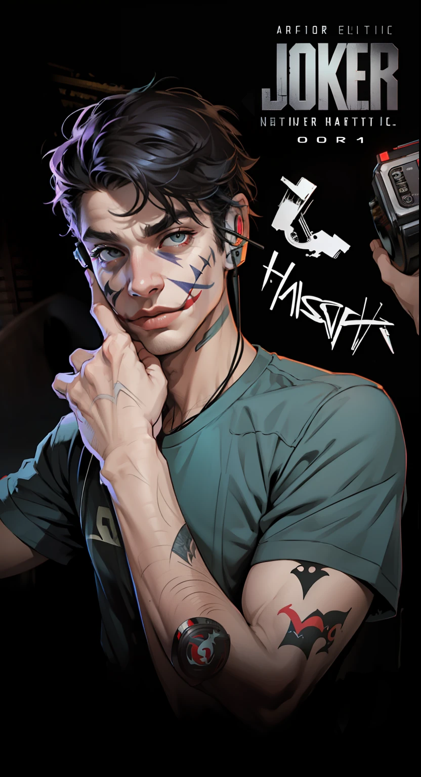 masterpiece, best quality, realistic, Joker half-body shot DJ, HEADPHONES, DC CINEMATIC UNIVERSE, DETAILED FACE, 8k, uhd, sharp focus --auto --s2