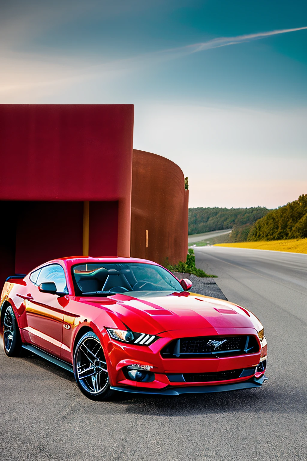 "vibrant red mustang racing down an open road with incredible speed and power"