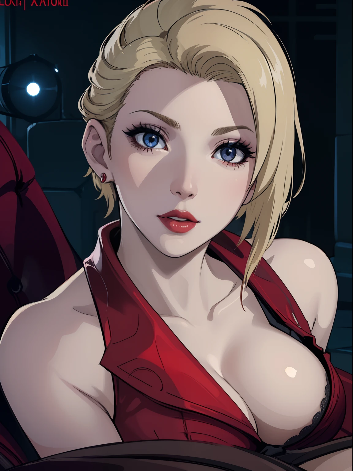 masterpiece, ,(solo:1.1), perfect face, (bright lighting:1.2),beautiful detailed eyes, extremely detailed face, perfect lighting,masterpiece, best quality, ((mature female)), ((large breasts)), 30yo female, 1girl, ?????, hetero, 1boy, ????????, ????, solo focus, pov, red lips, short hair, blonde, provocative, tease, lips, lipstick, red lips, red lipstick, face closeups, lips detail, kissing ????, scarlet, final fantasy