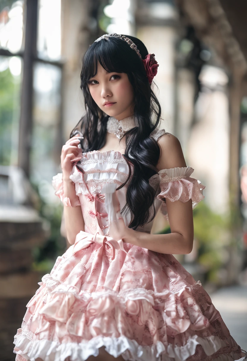 Mikako Tabe、Very cute、a beauty girl、age19、(Gothic ta Fashion)、Beautiful face, eyes and skin with exquisite detail、Fine black shiny hair、Classy ruffles、frilled tie、Ribbon tie、rose hair accessory、(Smile at the camera)、(cowboy shot)、(European seas)、profetional lighting、BREAK、(realisitic、Photorealsitic:1.37)、8k、(masterpiece)、(top-quality:1.4)、(超A high resolution:1.2)、 (RAW Photography:1.2)、(Delicate lace、soft fabric、Beautiful rose pattern dress)、perfect anatomia、4 fingers and 1 thumb、seaside backgroud、(Unity 8k壁纸)