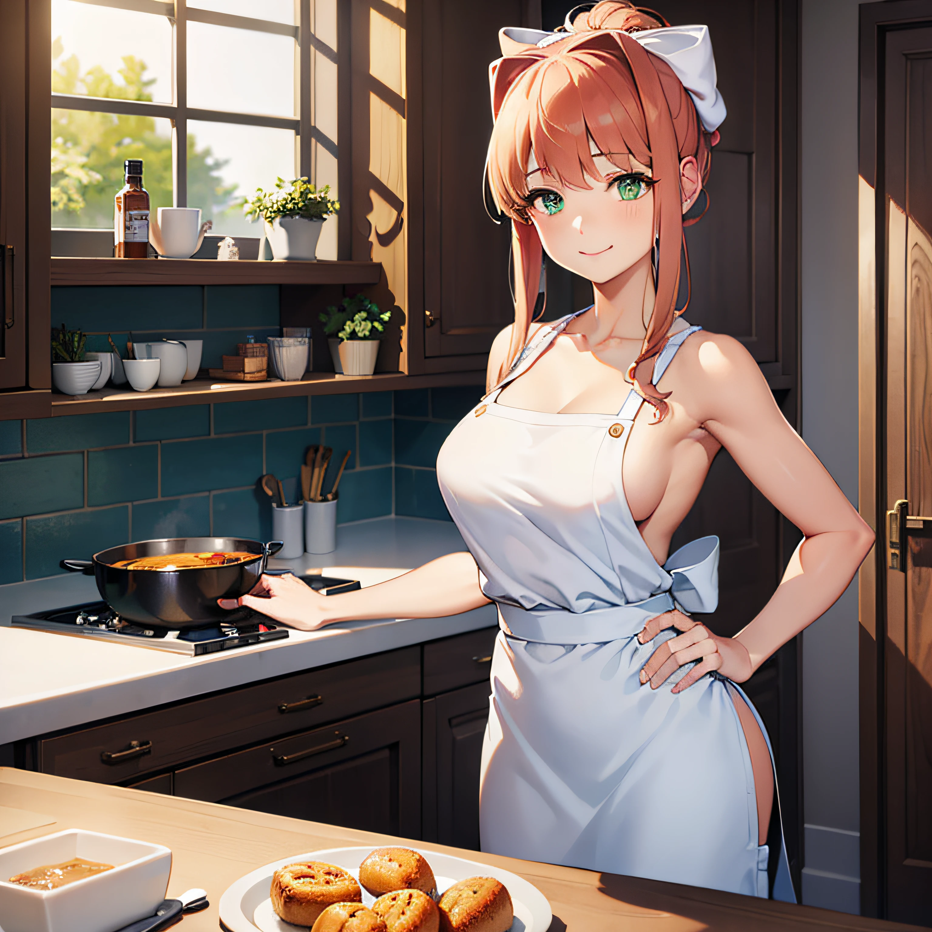 (masterpiece, best quality:1.2), ((perfect anatomy)), highres, (high-definition quality), perfect skin, 1girl, (detailed eyes), Monika in an apron cooking and looking at you over a shoulder, smiling softly, green eyes, cute outfit