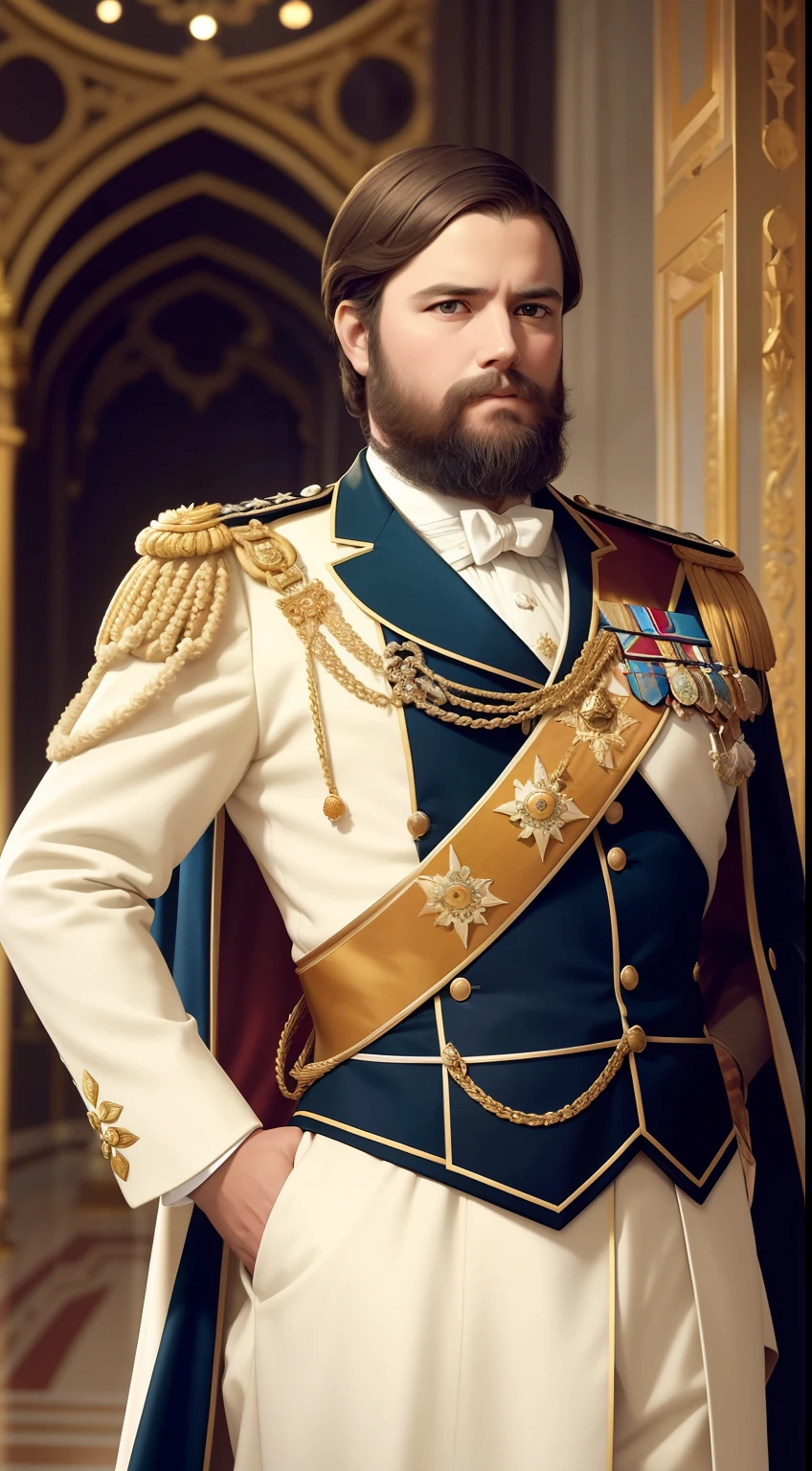 Dom Pedro II, Em sua juventude, He is a noble and promising man. It has distinctive and elegant features, com cabelos escuros que caem graciosamente sobre sua testa. His eyes express curiosity and determination.

[2] Dressed in costumes of the royalty of the time, Dom Pedro II wears a coat adorned with golden buttons and richly embroidered details. Uma gravata elegantemente amarrada completa o visual refinado. His haughty bearing reflects his future position as a leader.

The setting is a palatial hall with classical architecture, Ornate columns and a partial view of the palace gardens. The soft light coming in through the windows enhances the prince's youthful and hopeful aura.

[4] The climate is one of promise and expectation, with a touch of innocence and zest for life. Dom Pedro II is standing, com uma postura que revela sua polidez e cortesia, while his eyes show the keen and curious mind of a young leader in the making.....

Estilo: Oil painting that emphasizes the intricate details of the royal robes and the distinctive features of Dom Pedro II. The delicate lighting and rich color palette enhance the atmosphere of your youth and expectations.

[6] --AR 16:9 --V 5