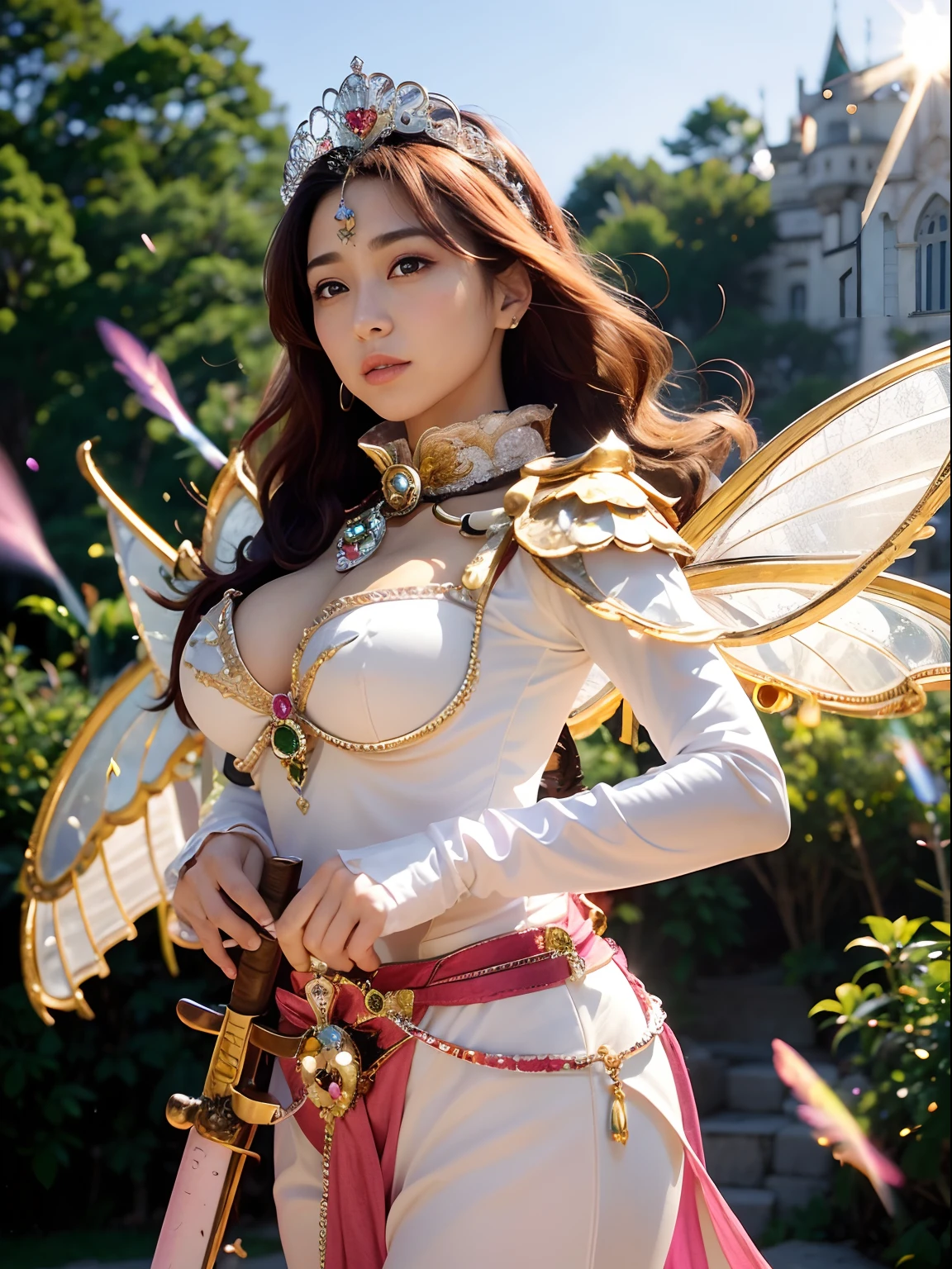 (masutepiece), Professional , masterpiece、top-quality、photos realistic , depth of fields (Gemstone White Metal Body:1.9),(Matte White Pink、Jewel Gold Weapon、(Gorgeous castle background)、(ultimate beauty girl)、(Rainbow fairy wings grow)、Particles of light、(Metal body of iridescent gemstones:1.9),Gorgeous Jewel Metal Weapons ,(maikurobikini)、 Detailed Sword of the Brave ,( Pink hair) ,warhammer 40k , adepta sororitas,Detail and ornate jewel crown、独奏、Brown hair、Mystical expression、cleavage of the breast、(Gangle's forest background)、Beautiful Caucasian beauty、1a person、dynamic ungle,(((Diamond tiara with detail and luxury)))、a small face、Powerful poses、(Gorgeous castle background)、huge filesize、20 year old beautiful woman、Stand in the center of the screen、Thin female fingers、Straight long hair、Beautiful Caucasian beauty、(maikurobikini)、Hair fluttering in the wind、face forwards、Look at viewers、(Armpit)、Armpit、
