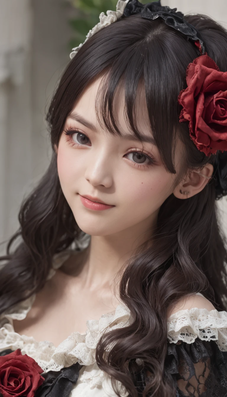 Mikako Tabe、Very cute、a beauty girl、age19、(Gothic Lolita Fashion)、Beautiful face, eyes and skin with exquisite detail、Fine black shiny hair、Classy ruffles、frilled tie、Ribbon tie、rose hair accessory、(Smile at the camera)、(cowboy shot)、(European seas)、profetional lighting、BREAK、(realisitic、Photorealsitic:1.37)、8k、(​masterpiece)、(top-quality:1.4)、(超A high resolution:1.2)、 (RAW Photography:1.2)、(Delicate lace、soft fabric、Beautiful rose pattern dress)、perfect anatomia、4 fingers and 1 thumb、seaside backgroud、(Unity 8k壁纸)