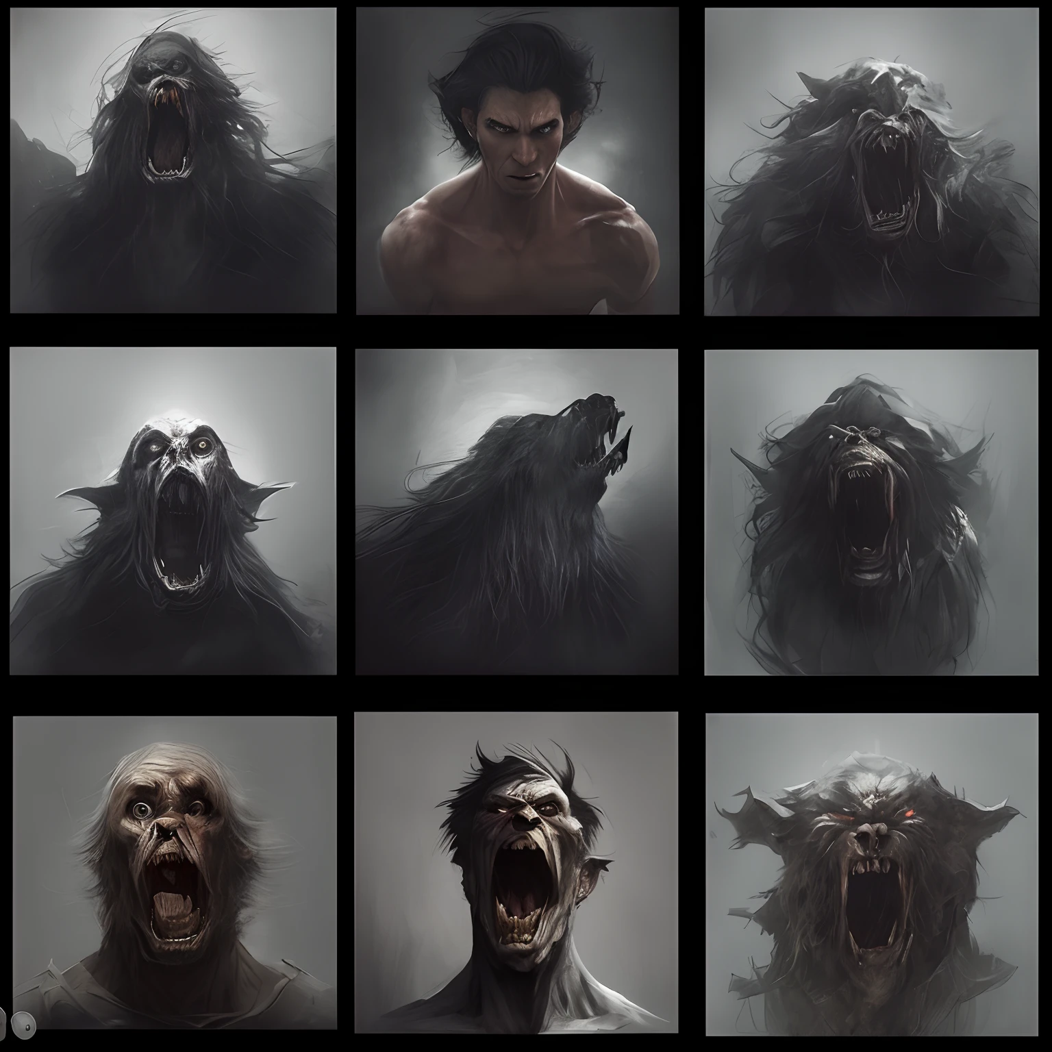 a close up of a person with a bunch of different faces, emotional concept art, photorealistic dark concept art, werewolf?, the style of wlop, werewolf, portrait of a werewolf, concept arts, by László Balogh, realistic concept art, by Shen Zhou, dramatic concept art, by Yang J, inspired by Ryan Barger