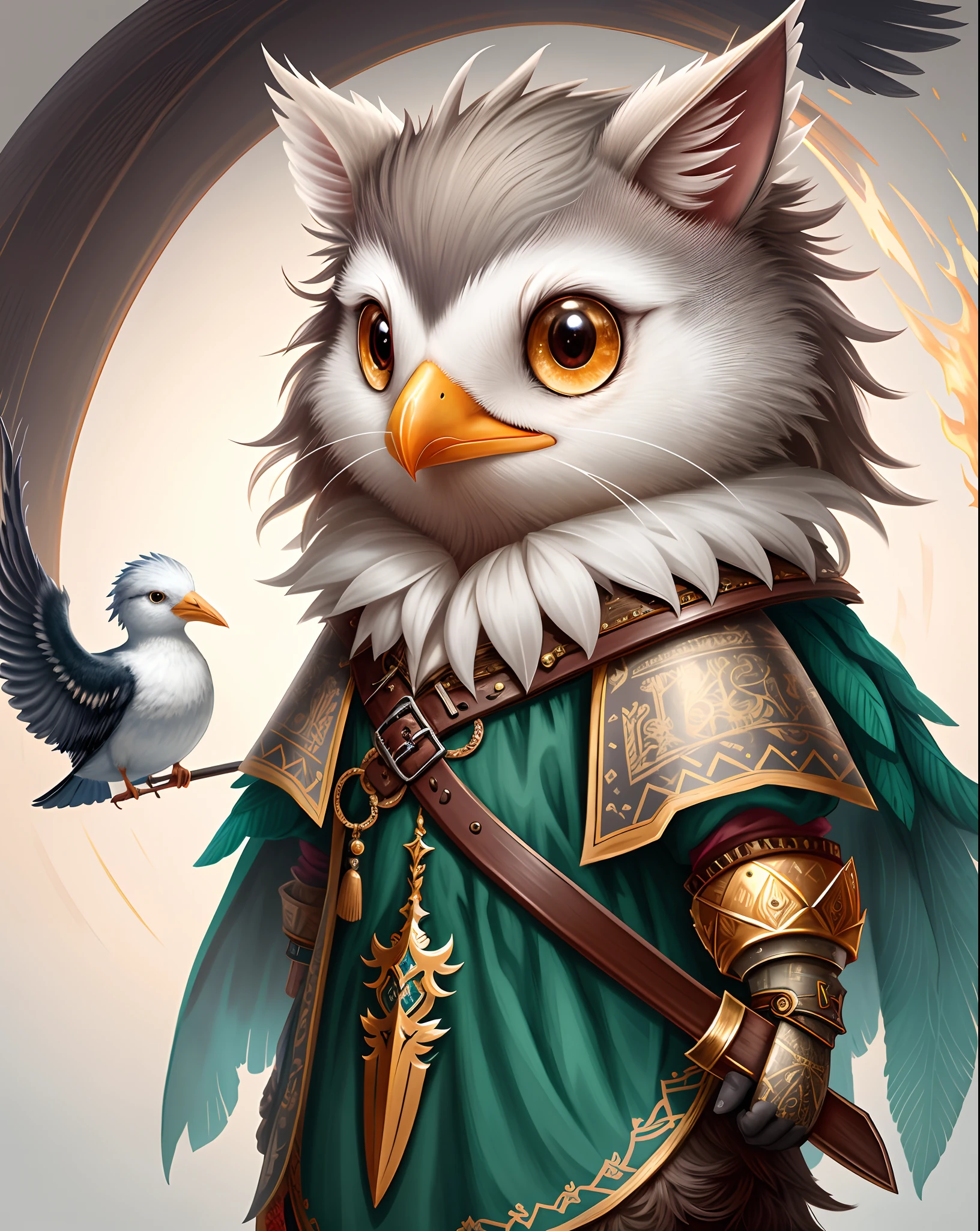 Top image quality、"Create cute creature masterpieces with inspired ultra-detailed concept art. Bring your imagination to life", (Anthropomorphic seagull), high detal, 8K、Top image quality、Dress up as a hunter of medieval Europe、Carrying a spear、Cute pose