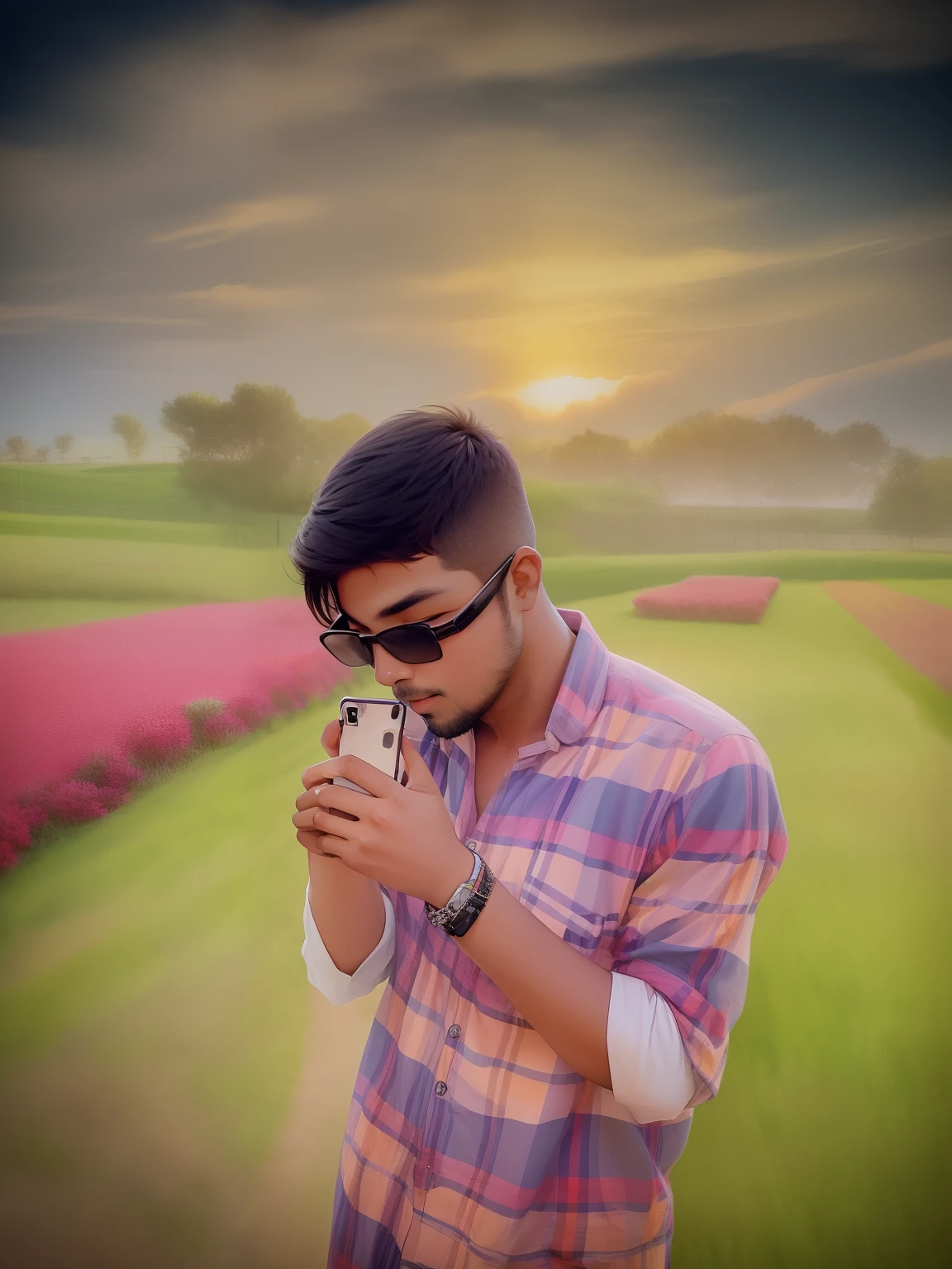 there is a man standing in a field looking at his cell phone, with sunset, at a beautiful sunset, with a sunset, amidst nature, during sunset, with vibrant sky, jayison devadas style, sunset time, photograpgy, in the sunset, shot at golden hour, during golden hour, photo taken with canon 5d, photography hight quality