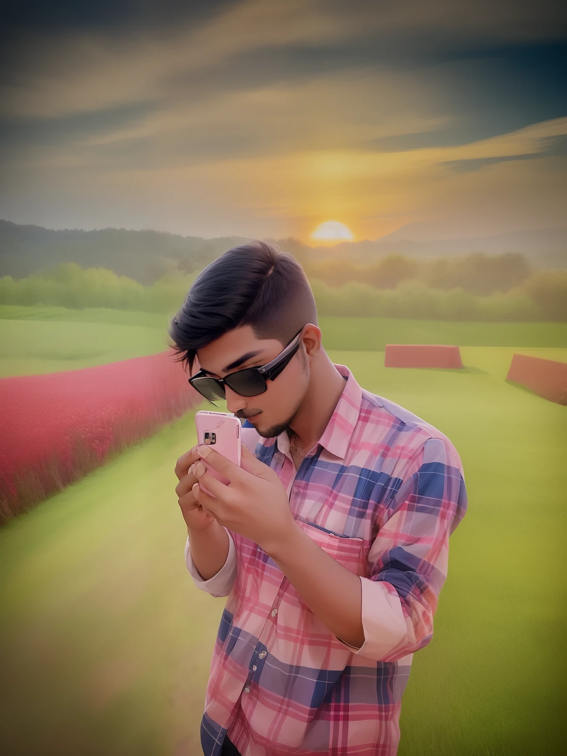 there is a man standing in a field looking at his cell phone, with sunset, at a beautiful sunset, with a sunset, amidst nature, during sunset, with vibrant sky, jayison devadas style, sunset time, photograpgy, in the sunset, shot at golden hour, during golden hour, photo taken with canon 5d, photography hight quality