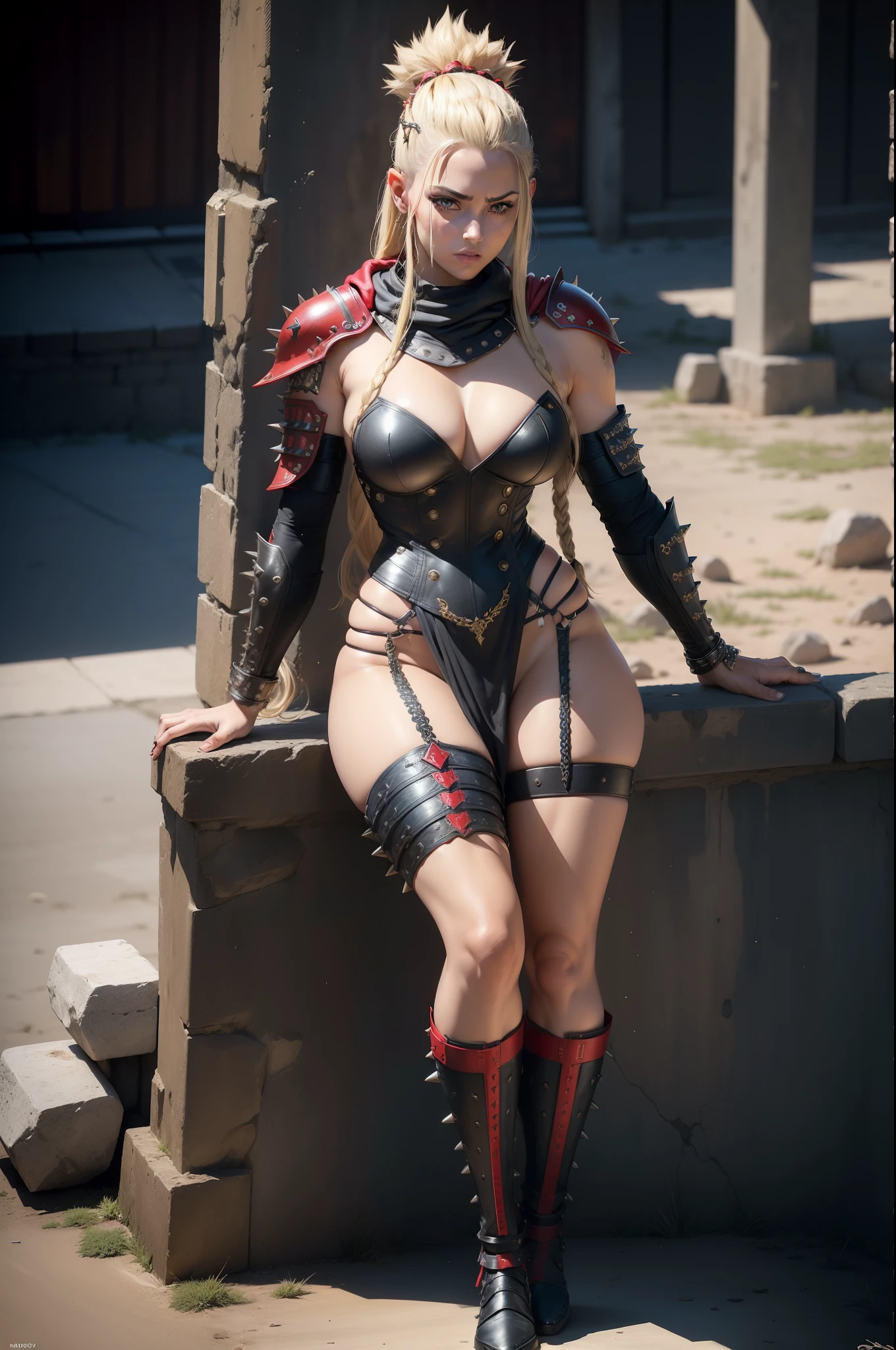 (((female pervert))), (((top-quality))), (((masterpiece))), (((Adults))), Blonde gladiator woman, 30 years in exercise, arabic , hoods, (((soio))), (((1girl in))) , Gladiadores in Brooklyn, almost naked in Simon Bisley's urban savage style for the cover of Heavy Metal magazine, Mohawk sheared hair, pose sensual, Small leather panties, , Minimum clothing, Wavy pattern with black and red kanji, s Armor, Full of spikes and stars, (((From the knee up))), Mohawk hair in small braids