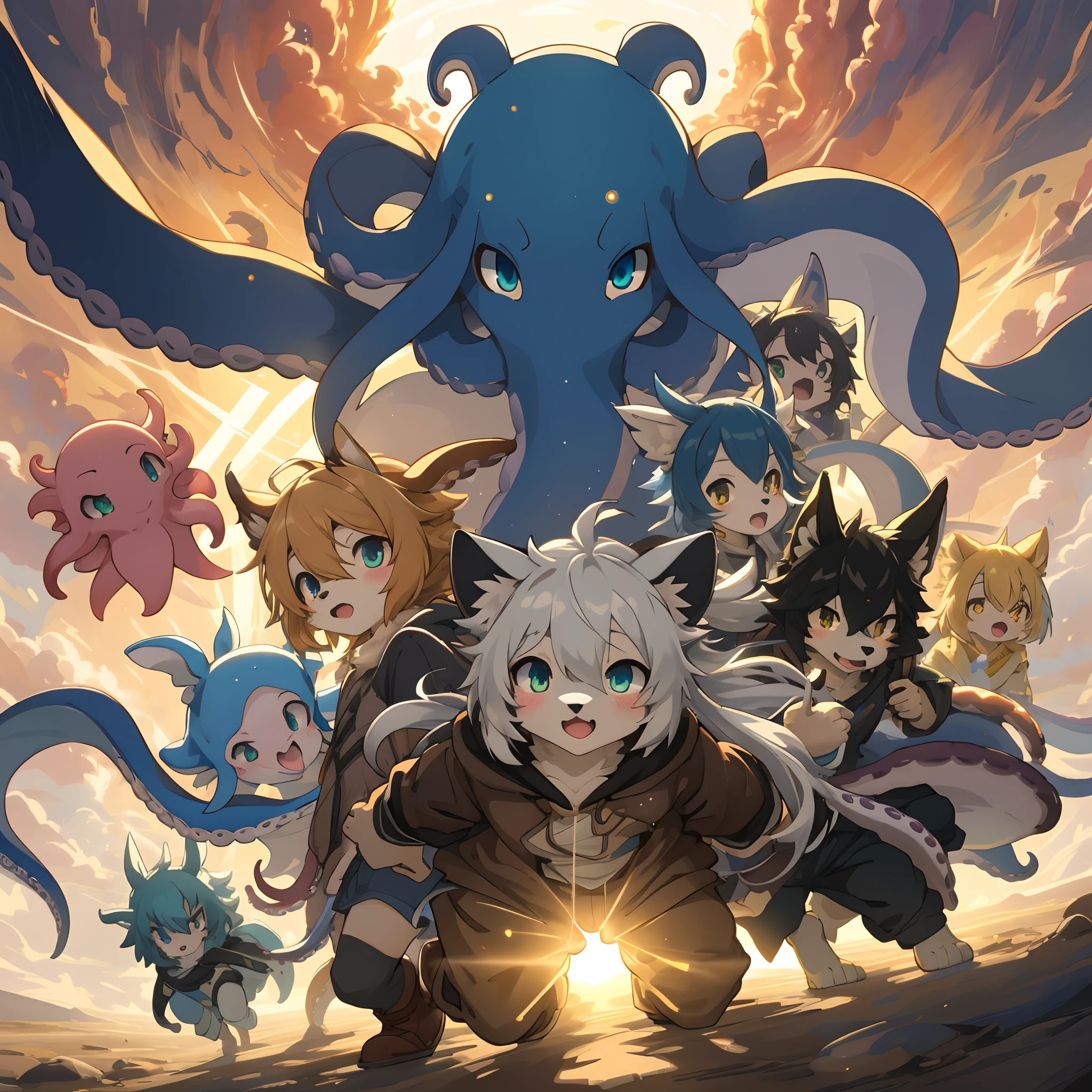 top quality, best quality, High-quality illustrations, masterpiece, super high resolution, detailed background, seeside((movie of octopus creatures and human child)), 6+boys, 6+girls, absurdres(highly detailed beautiful face and eyes)perfect anatomy, expression, caustics, light rays, dynamic lighting, light particles, lens flare, cinematic shadow(kemono, furry anthro)assorted poses, dynamic angle,