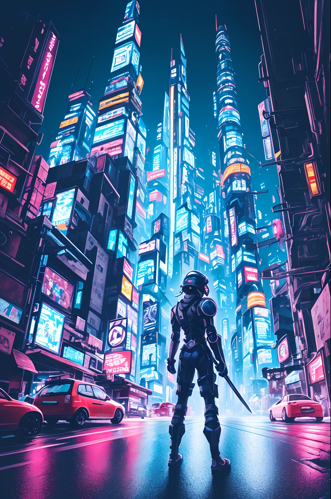 masterpiece, best quality, ultra-detailed, illustration, 1girl, solo, standing, confident, serious expression, cyberpunk, paladin, sword, metallic, high-tech, cybernetic armor, bright lights, neon, wires, cables, circuits, circuitry, visor, helmet, cybernetic limbs, long hair, blonde, hair styled in a braid, flowing in the wind, futuristic cityscape, towering skyscrapers, flying vehicles, holograms, tech noir, laser beams, power armor, glowing power sword, action pose, ready to fight, intensity, defending the city, night scene, city lights, cyberpunk aesthetic