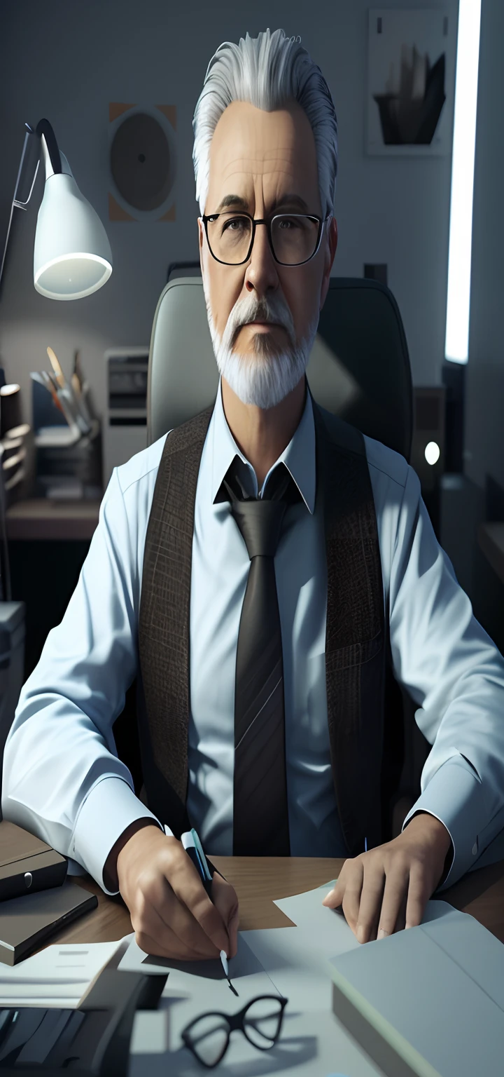 An elderly man dressed as a commander (1.5) with a surprised expression and a large background is a large combat command with many large screens