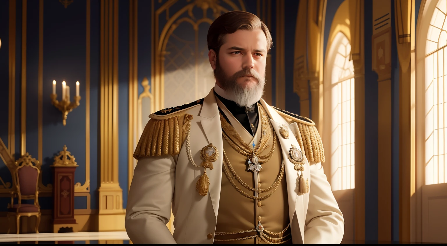 Homem fardado com cabelos brancos e barba, inspirado em Prince , inspired by Ivan Lacković Croata, The new king of Great Britain, retrato real, president of belorussia, drdisrespect as napoleon, Majestade em roupas nobres, imperador real, inspired by Oton Iveković, official fan art