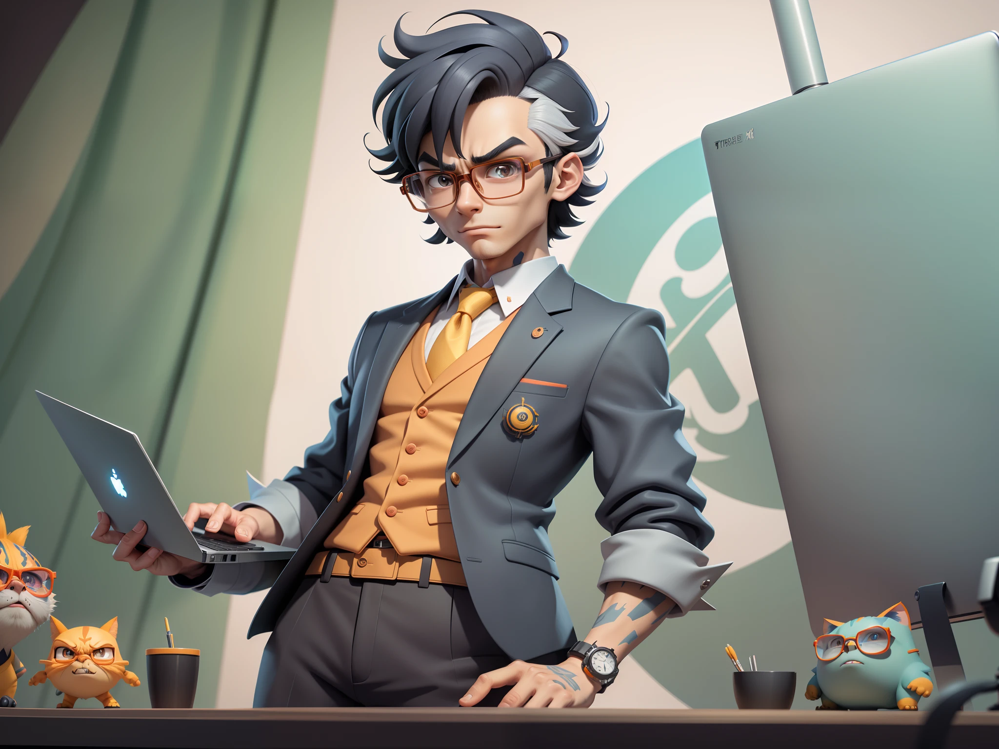 A young man in a suit, Short hair and glasses sat at his desk,holding laptop,digitial painting,tigre,3D character design by Mark Clairen and Pixar and Hayao Miyazaki and Akira Toriyama,4K HD illustration,Very detailed facial features and cartoon-style visuals。
