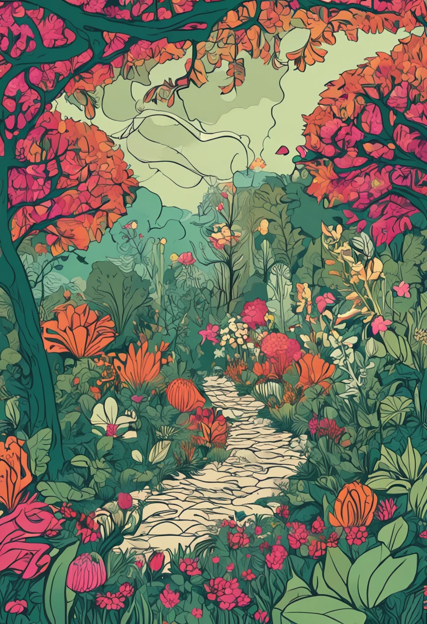 An illustration that represents the idea of "florescer como seres plenos", mostrando uma pessoa crescendo em meio a um jardim exuberante.