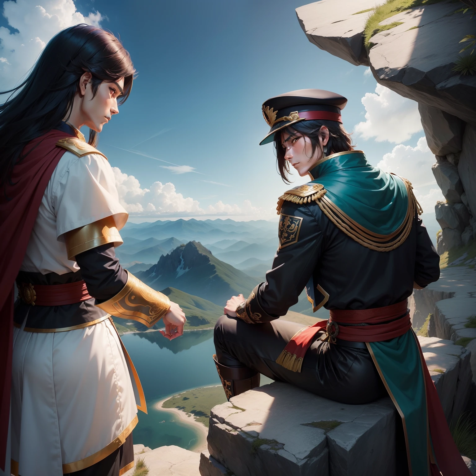 Make a picture of the shiryu of the Zodiac knights on top of a mountain as if reflecting looking at the horizon.