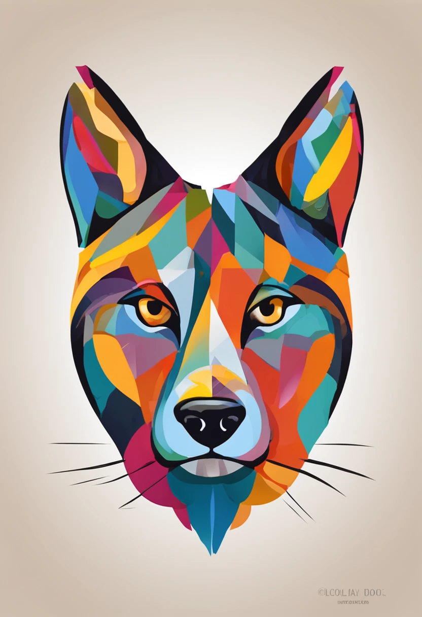 logotipo colorido, Minimalist vector art logo illustration of a cat's head, frontal, Magic, Crisp design, liso, Monochrome color, magia escura colorido pintura splash, design de camisetas, no estilo do Studio Ghibli, O design deve ser em arte vetorial, Introducing the Dog. Use Adobe Illustrator to create the logo with sharp lines and a simple look, mas cativante. Keep the design centered on the dog's eyes, capturando sua singularidade e charme. The logo should evoke a sense of sophistication and tranquility. Enfatize um estilo low-poly para adicionar um toque de exclusividade aos bigodes. The overall aesthetic should be elegant and elegant, tornando-o adequado para fins de marca e logotipo, fundo preto, ((symmetr))