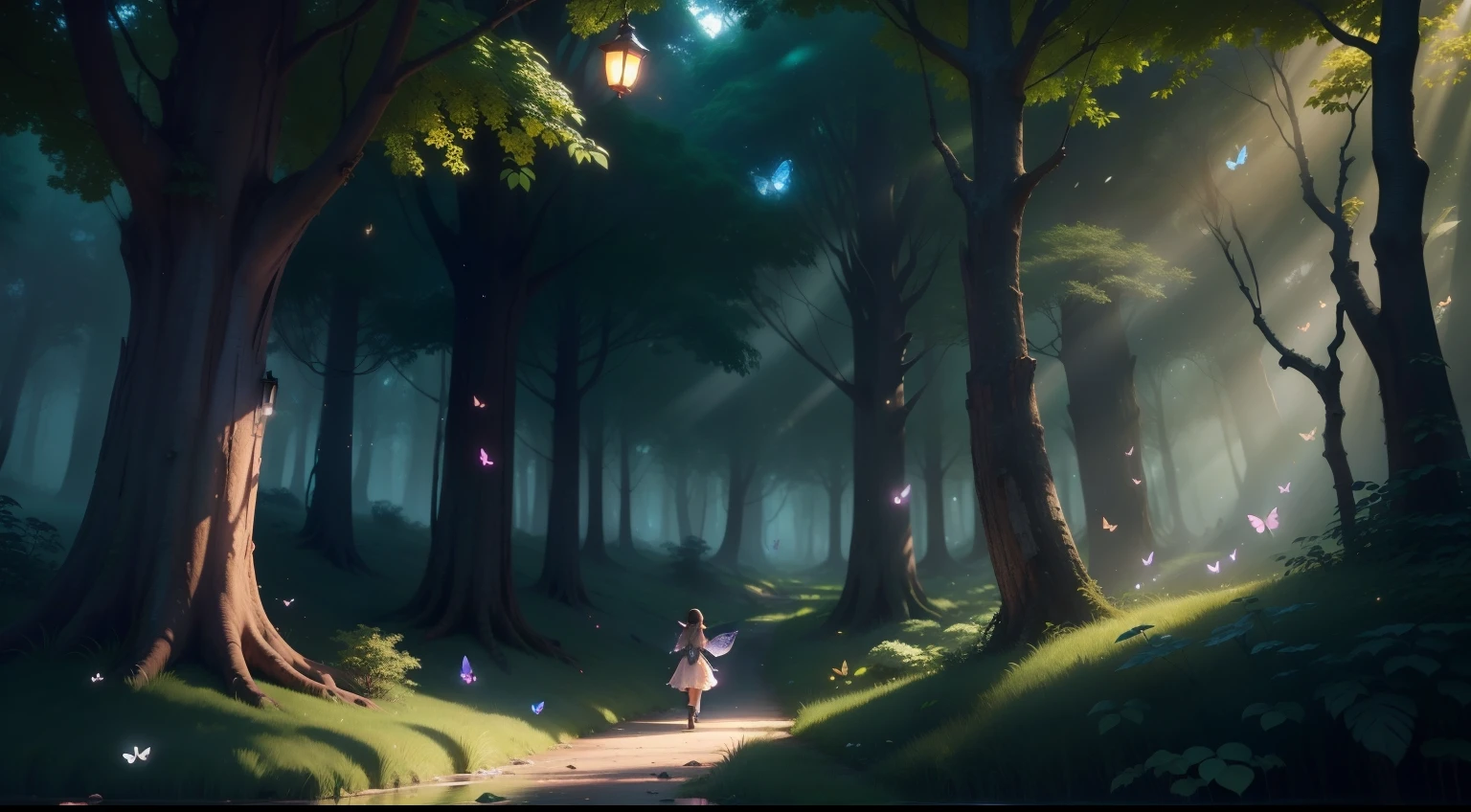 There are many butterflies flying around a small lantern of the 6--old l in the forest, Magic forest back wheel, Magical forest with fireflies, borboletas brilhantes, There's a little alking on the water, menina no meio da imagem, anime exuberante floresta John 8K, magic fantasy forest, magic fairy forest, bela arte UHD 4 K, Enchanting Magical Fantasy Forest, magical forest background, magical forest, arte digital altamente detalhada em 4K, magical atmosphere, arte de fundo
