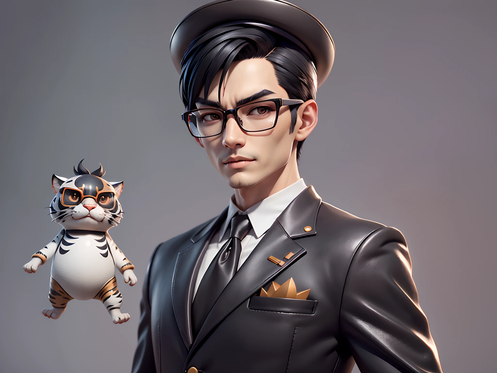 Young man with oriental face in leather hat, tiger, oriental face in formal suit, short black hair, silver glasses, digital painting, 3D character design by Mark Clairedon and Pixar and Hayao Miyazaki and Akira Toriyama, the illustration is a high-definition illustration in 4K resolution with very detailed facial features and cartoon-style visuals.