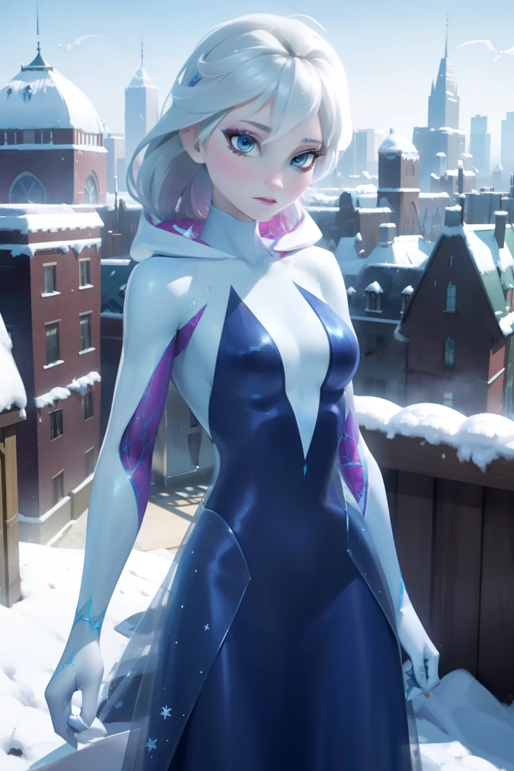 Elsa of Arrendale as spidergwen, spidergwen suit, snowy city, lovely, blue on costume