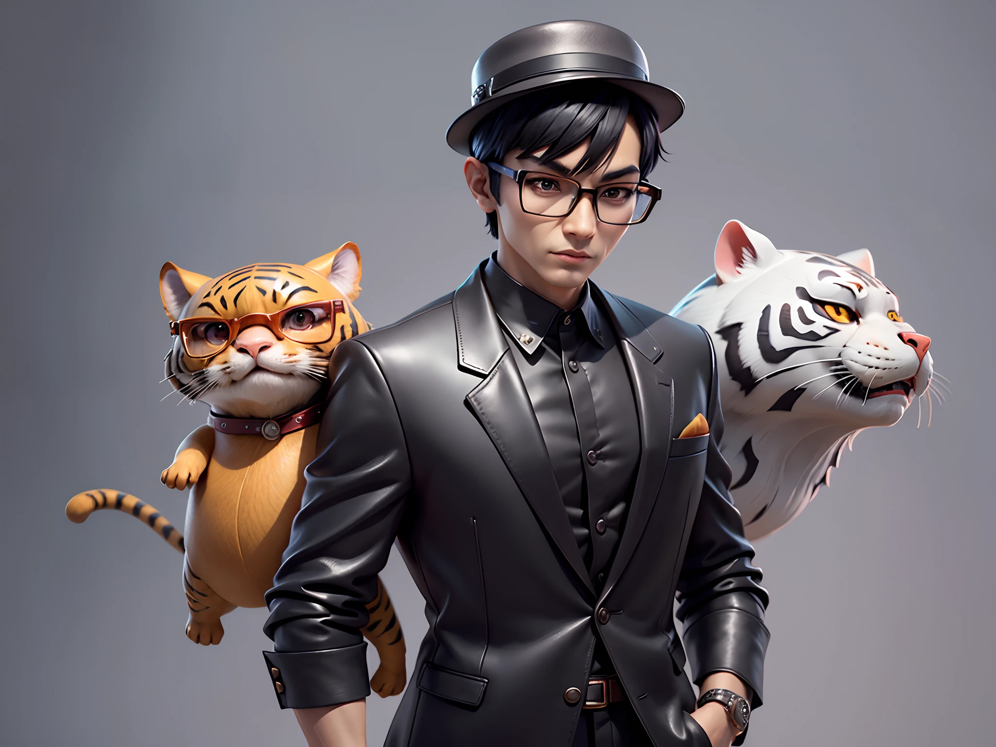 Young man with oriental face in leather hat, tiger, oriental face in formal suit, short black hair, silver glasses, digital painting, 3D character design by Mark Clairedon and Pixar and Hayao Miyazaki and Akira Toriyama, the illustration is a high-definition illustration in 4K resolution with very detailed facial features and cartoon-style visuals.