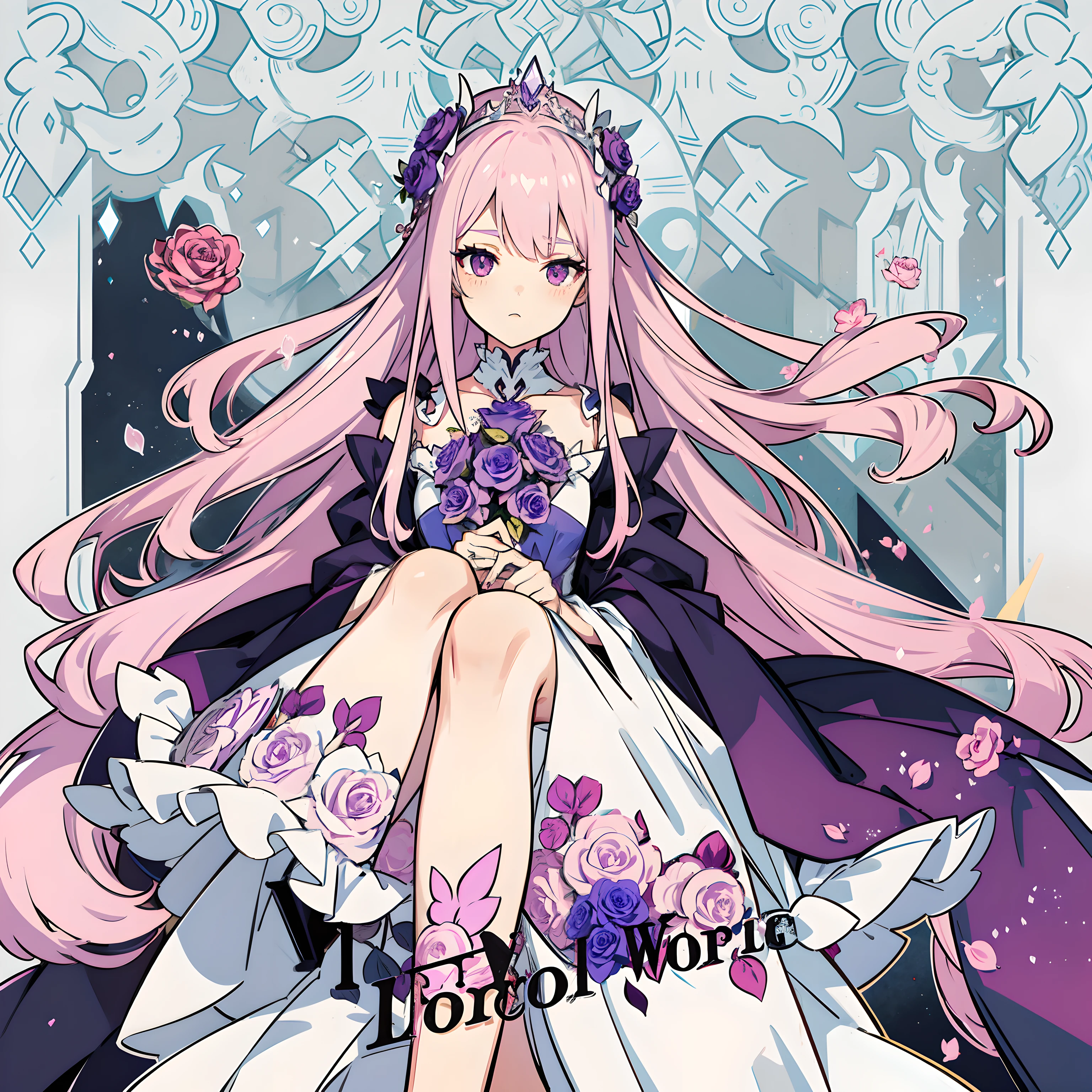 Long pink hair, vampire girl with silver eyes, wearing a delicate violet evening gown with a rose flower crown made of dead violet roses.