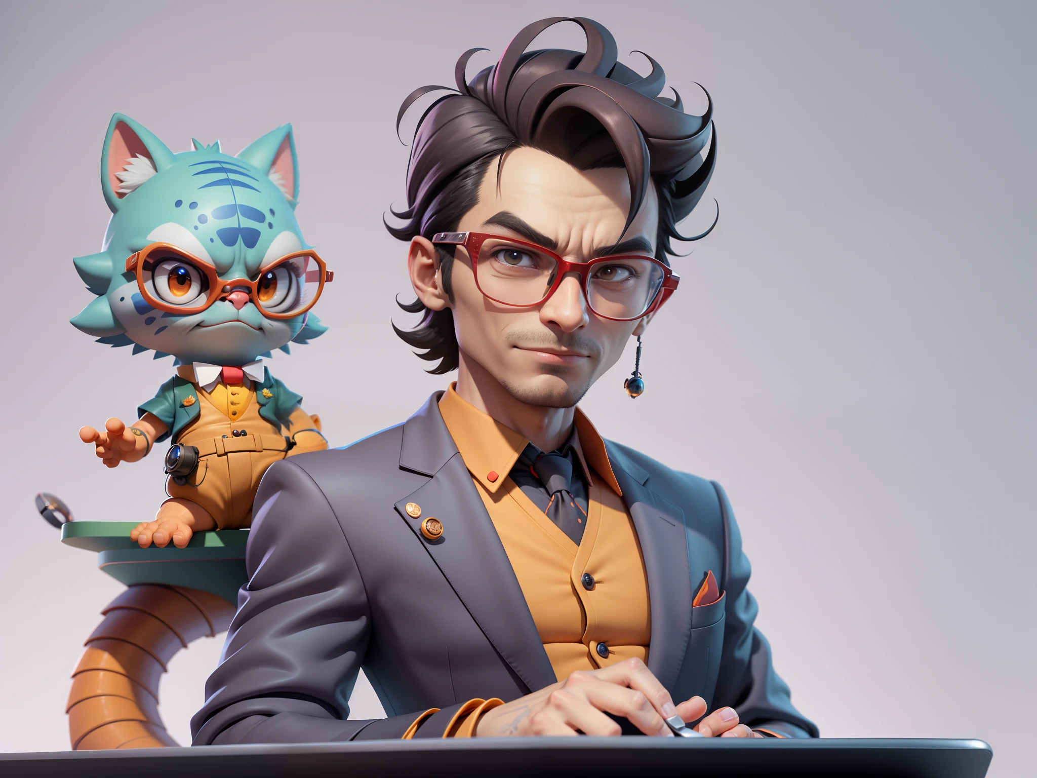 A young man in a suit, Short hair and glasses sat at his desk,holding laptop,digitial painting,tigre,3D character design by Mark Clairen and Pixar and Hayao Miyazaki and Akira Toriyama,4K HD illustration,Very detailed facial features and cartoon-style visuals。