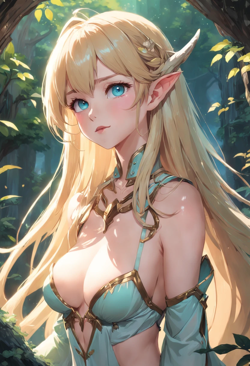 SFW (Ultra quality, unparalleled masterpiece: 1.4) Ethereal (Realism: 1.2) (Realisitc: 1.2) (Absurdists: 1.4) anime style, 4K, overwhelmingly pixel-perfect, ultra-detailed, digital art, gorgeous elf, (soft features: 1.4) detailed face, (solo: 1.4)(1Girl: .5) (Looking at viewer: 1.2) (long blonde hair: 1.4) (Bangs, Sidelocks: 1.2)Seducer(Halkara, Celestine lucullus: 1.2)(Curvy: 1.4)(Gigantic Breasts:1.8)(Voluptuous: 1.4)(Bimbo:  1.4)(Squishing: 1.1 breasts)(Thin waist: 1.2) (Thick lips: 1.3) (light smile: 1.2) Rocks, trees, plants, (Bush: 1.2) (Ultra-detailed vibrant Clear Mint Eyes: 1.2), (hands behind back: 1.2) hiding hands (Sexy Pose: 1.4) Venusbody, art by Wlop and Ross Tran, (Luminous Studio Graphics Engine)