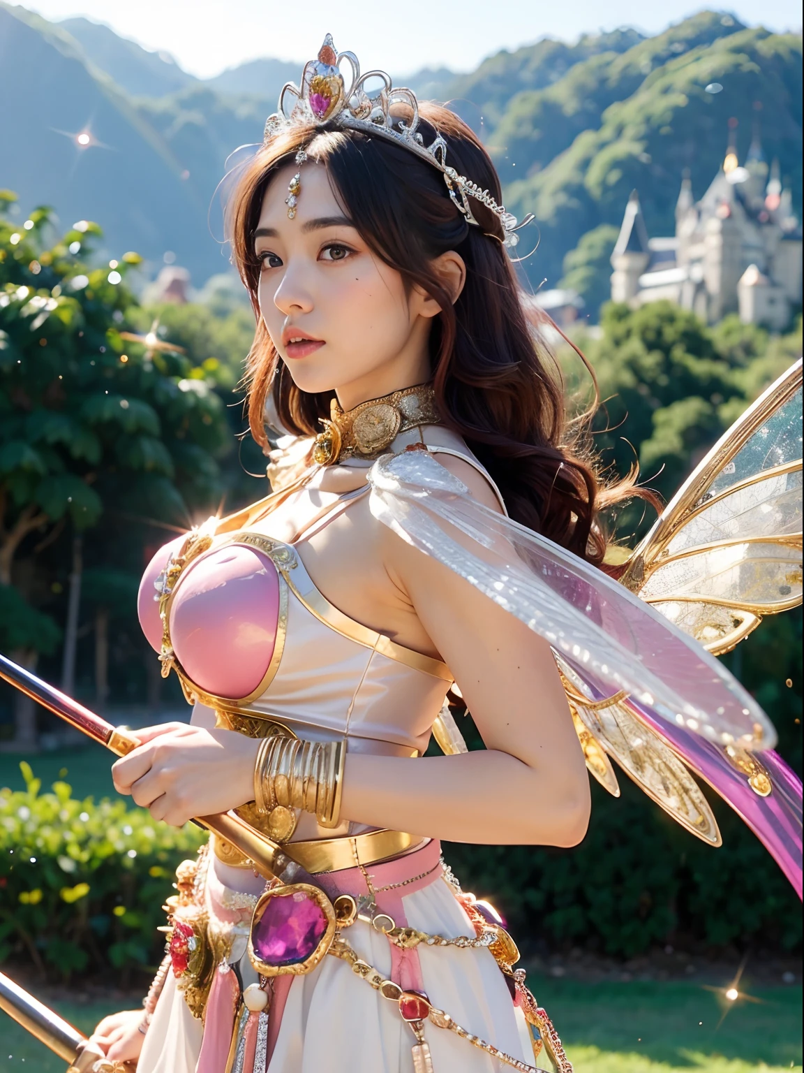 (masutepiece), Professional , ​masterpiece、top-quality、photos realistic , depth of fields （Gemstone White Metal Body:1.９),(Matte White Pink、Jewel Gold Weapon、（Gorgeous castle background）、（ultimate beauty girl）、（Rainbow fairy wings grow）、Particles of light、（Metal body of iridescent gemstones:1.９),Gorgeous Jewel Metal Weapons ,（maikurobikini）、 Detailed Sword of the Brave ,（ Pink hair）   ,warhammer 40k , adepta sororitas,Detail and ornate jewel crown、独奏、Brown hair、Mystical expression、cleavage of the breast、（Gangle's forest background）、Beautiful Caucasian beauty、１a person、dynamic ungle,(((Diamond tiara with detail and luxury)))、a small face、Powerful poses、（Gorgeous castle background）、huge filesize、20 year old beautiful woman、Stand in the center of the screen、Thin female fingers、Straight long hair、Beautiful Caucasian beauty、（maikurobikini）、Hair fluttering in the wind、face forwards、Look at viewers、（Armpit）、Armpit、