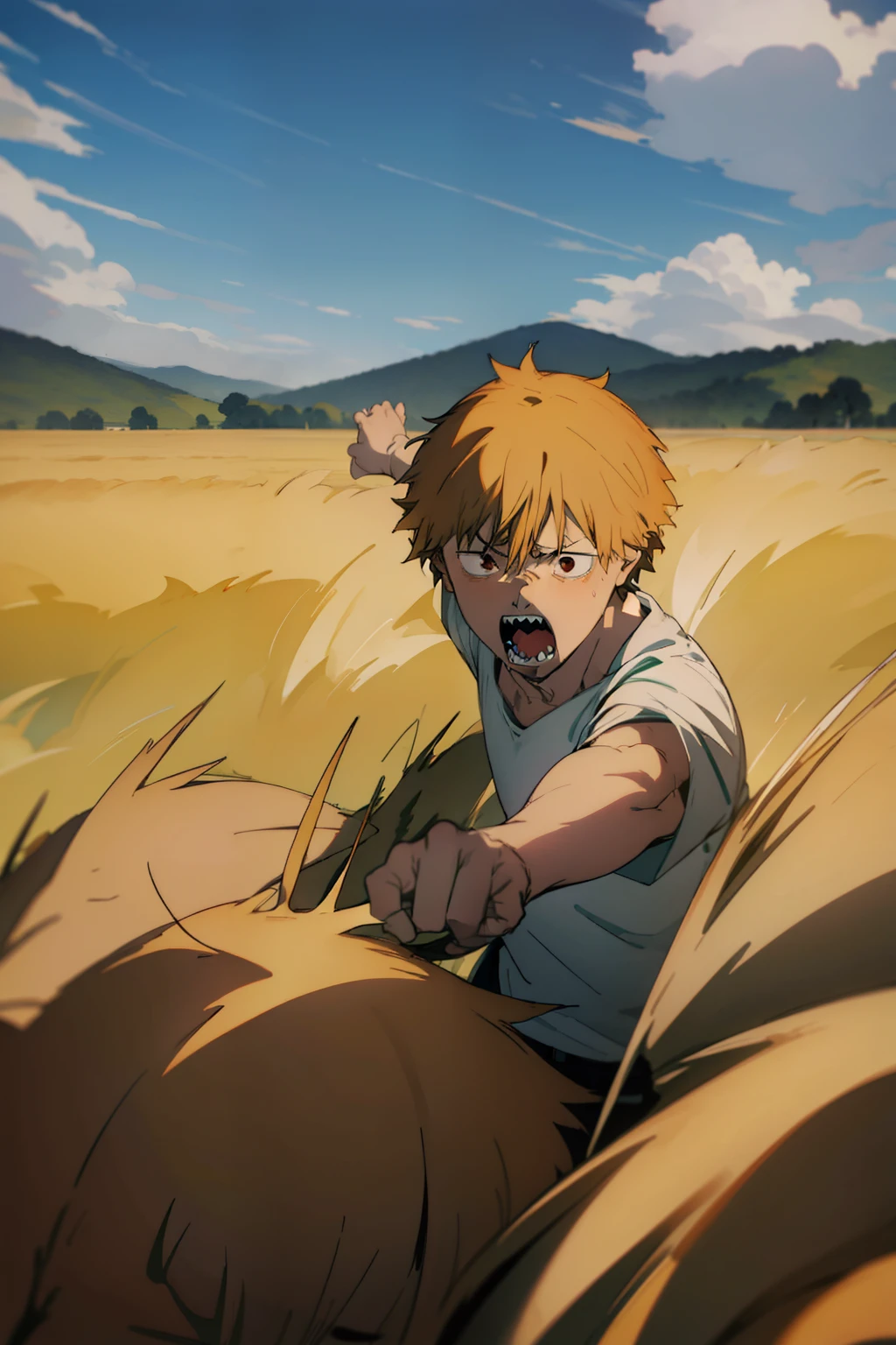 denji in an open-field setting with an angry outburst