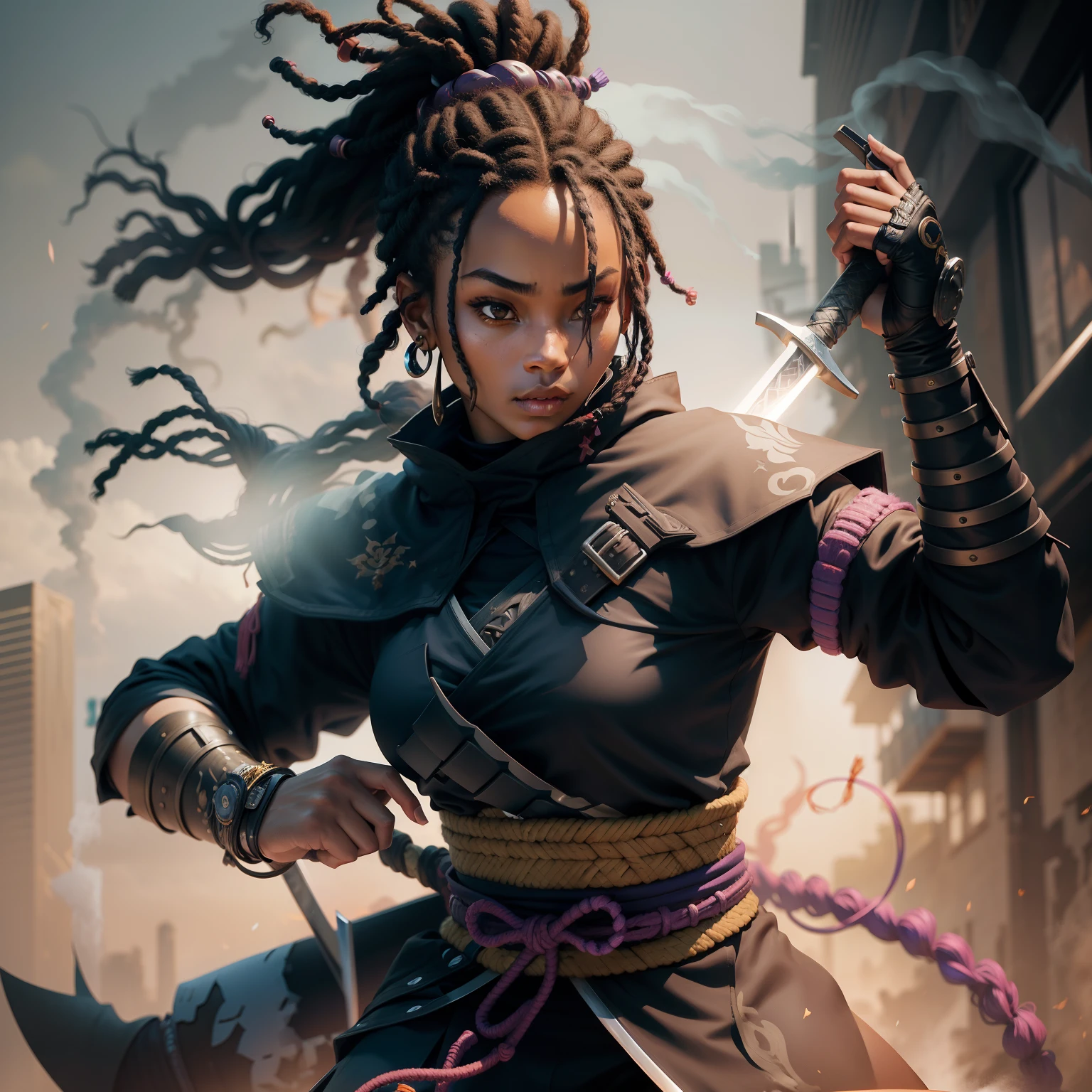 Ninja black woman samurai dreadlocks ninja cyberpunk sun hyper realistic on sword trage in sword in hand full body photo
