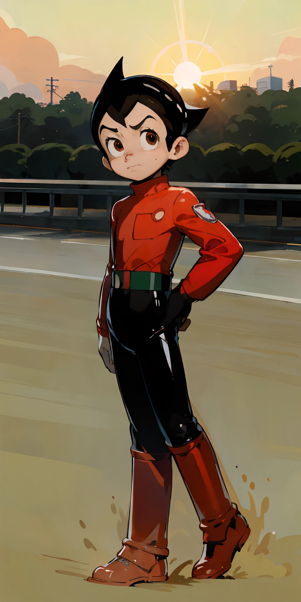 cartoon of a young man in a red and black outfit standing on a road, official art, wearing a red racing uniform, cel - shaded art style, anime style character, official character art, red uniform, inspired by Junpei Satoh, akira toriyama style, clean cel shaded, akihiko yoshida!, kentaro miura art style, official illustration