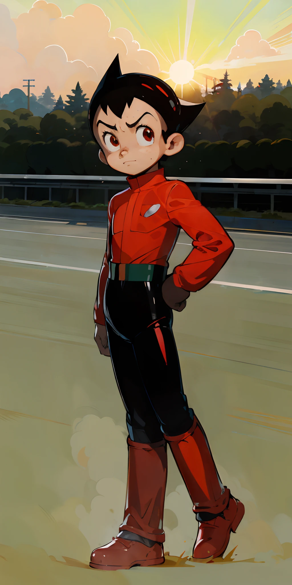 cartoon of a young man in a red and black outfit standing on a road, official art, wearing a red racing uniform, cel - shaded art style, anime style character, official character art, red uniform, inspired by Junpei Satoh, akira toriyama style, clean cel shaded, akihiko yoshida!, kentaro miura art style, official illustration