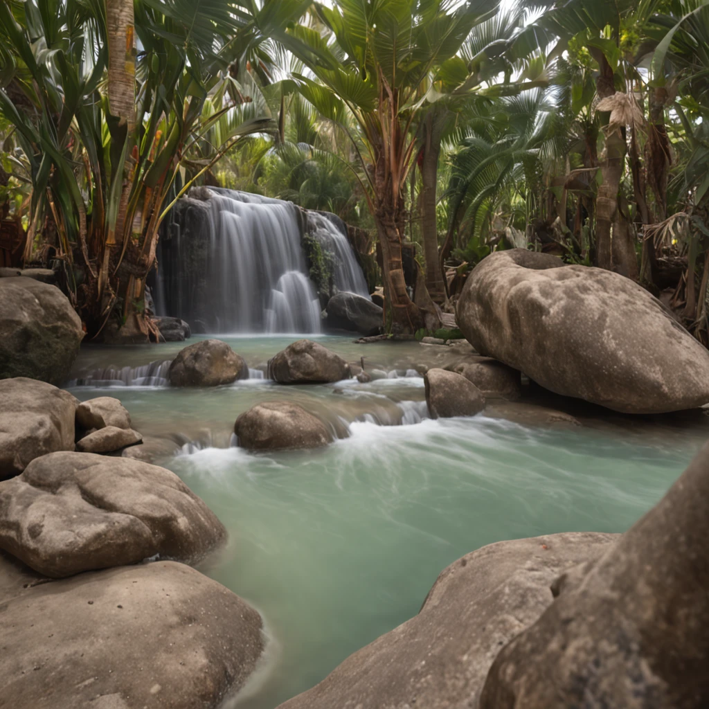 A naked girl bathes in a shell-shaped river pool. The water is crystal clear and reflects the forested landscape. summer. Photography. high quality. realist.