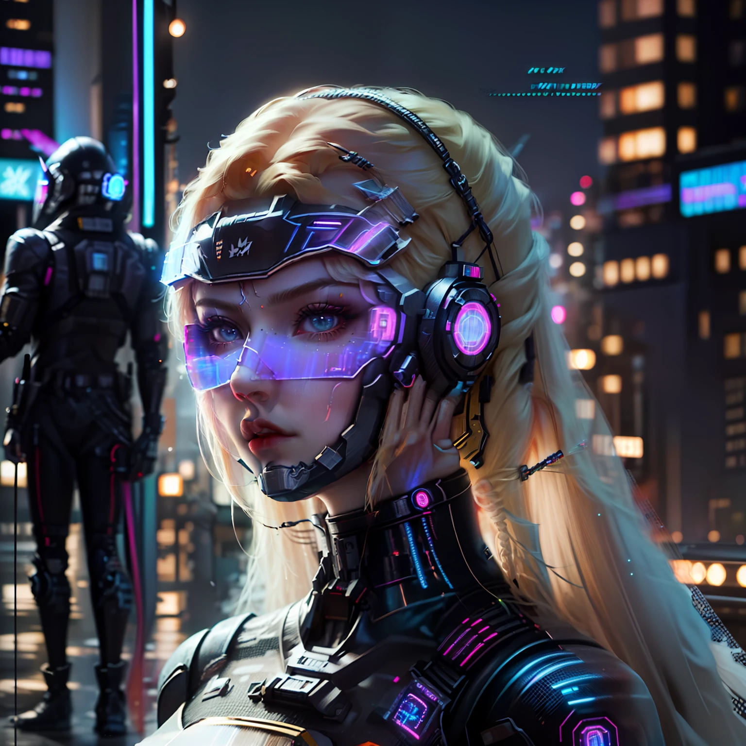 masterpiece, best quality, ultra-detailed, illustration, 1girl, solo, standing, confident, serious expression, cyberpunk, paladin, sword, metallic, high-tech, cybernetic armor, bright lights, neon, wires, cables, circuits, circuitry, visor, helmet, cybernetic limbs, long hair, blonde, hair styled in a braid, flowing in the wind, futuristic cityscape, towering skyscrapers, flying vehicles, holograms, tech noir, laser beams, power armor, glowing power sword, action pose, ready to fight, intensity, defending the city, night scene, city lights, cyberpunk aesthetic