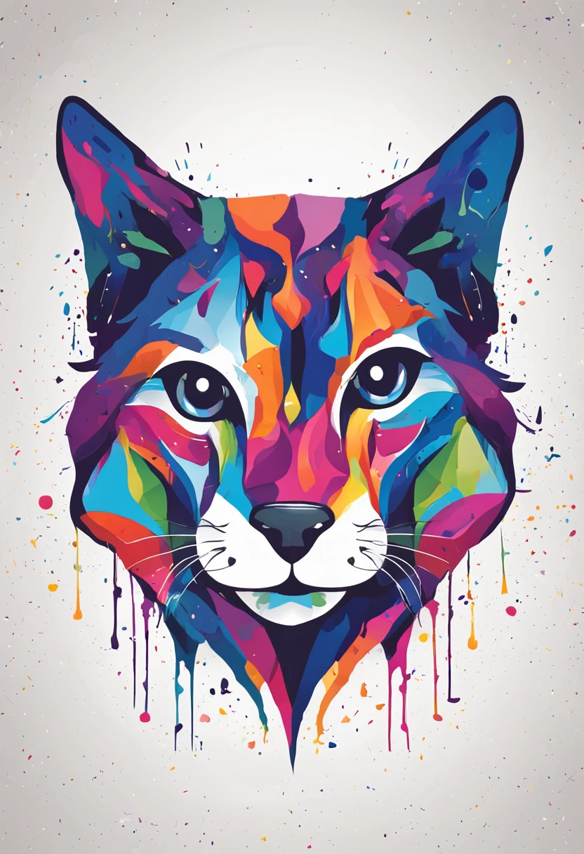 colorful logo, Minimalist vector art logo illustration of a cat head, front, magic, Sharp, flat design, Monochrome color, dark magic colorful splash paint, t-shirt design, in Studio Ghibli style, Design should be in vector art, Introducing the Dog. Use Adobe Illustrator to create the logo with clean lines and a simple yet captivating appearance. Keep the design centered on the dog's eyes, capturing its uniqueness and charm. The logo should evoke a sense of sophistication and tranquility. Emphasize a low-poly style to add a touch of uniqueness to mustaches. The overall aesthetic should be sleek and elegant, making it suitable for branding and logo purposes, black background, ((symmetrical))