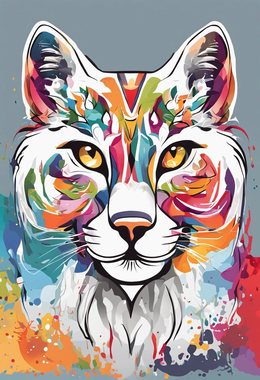 colorful logo, Minimalist vector art logo illustration of a cat head, front, magic, Sharp, flat design, Monochrome color, dark magic colorful splash paint, t-shirt design, in Studio Ghibli style, Design should be in vector art, Introducing the Dog. Use Adobe Illustrator to create the logo with clean lines and a simple yet captivating appearance. Keep the design centered on the dog's eyes, capturing its uniqueness and charm. The logo should evoke a sense of sophistication and tranquility. Emphasize a low-poly style to add a touch of uniqueness to mustaches. The overall aesthetic should be sleek and elegant, making it suitable for branding and logo purposes, black background, ((symmetrical))