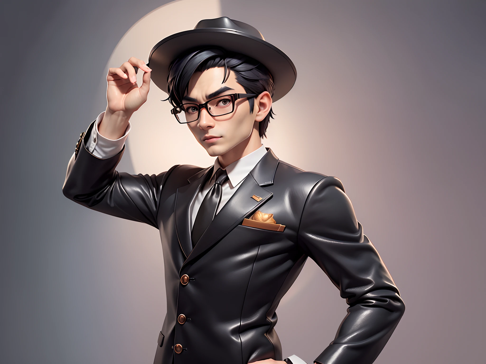 Young man with oriental face in leather hat, tiger, oriental face in formal suit, short black hair, silver glasses, digital painting, 3D character design by Mark Clairedon and Pixar and Hayao Miyazaki and Akira Toriyama, the illustration is a high-definition illustration in 4K resolution with very detailed facial features and cartoon-style visuals.