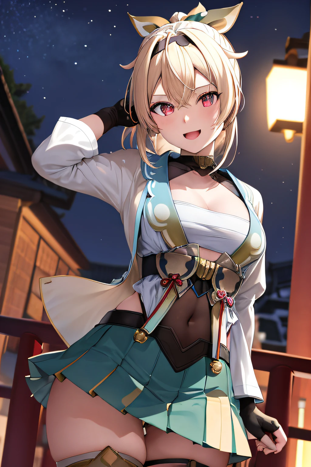 masterpiece, Best Quality, Anime, Highly detailed face, Highly detailed eyes, Highly detailed background, 1girl, red eyes, nighttime scene, smile,open mouth, blonde hair, fingerless gloves, gloves, sarashi, thighhighs, japanese clothes, white thighhighs, skirt, haori, black gloves, hairband, bangs, sheathed, pleated skirt, ponytail, chest sarashi, breasts, sheath, blue eyes, hair between eyes, black hairband, hair ornament, leaf hair ornament, long sleeves, covered navel, miniskirt, medium breasts,
