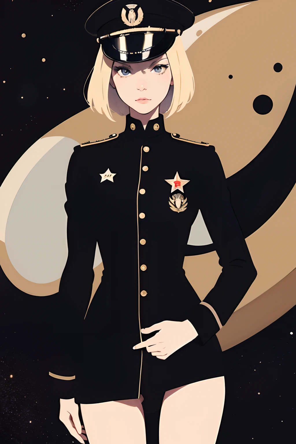 (masterpiece:1.2, best quality), 1girl, 17yo, bottomless, pussie, black space military outfit, military hat, space marine admiral, space, spaceship in backfround, futuristic, anime minimalist, watercolor
