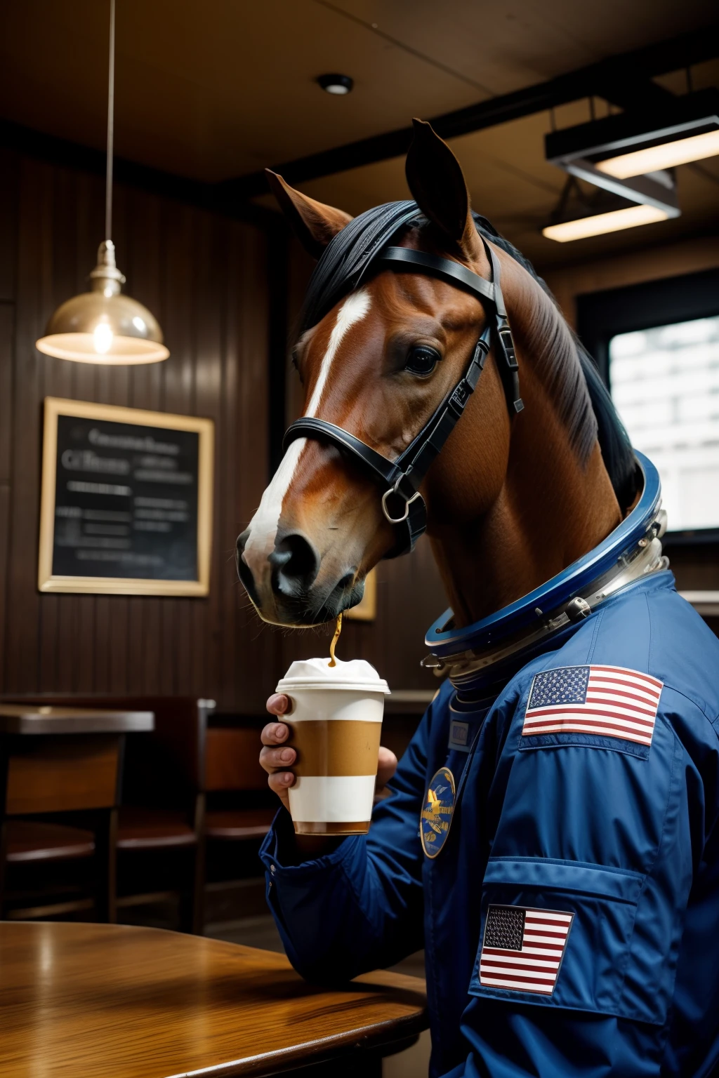 Photo of a horse-headed astronaut having coffee in an old coffee shop