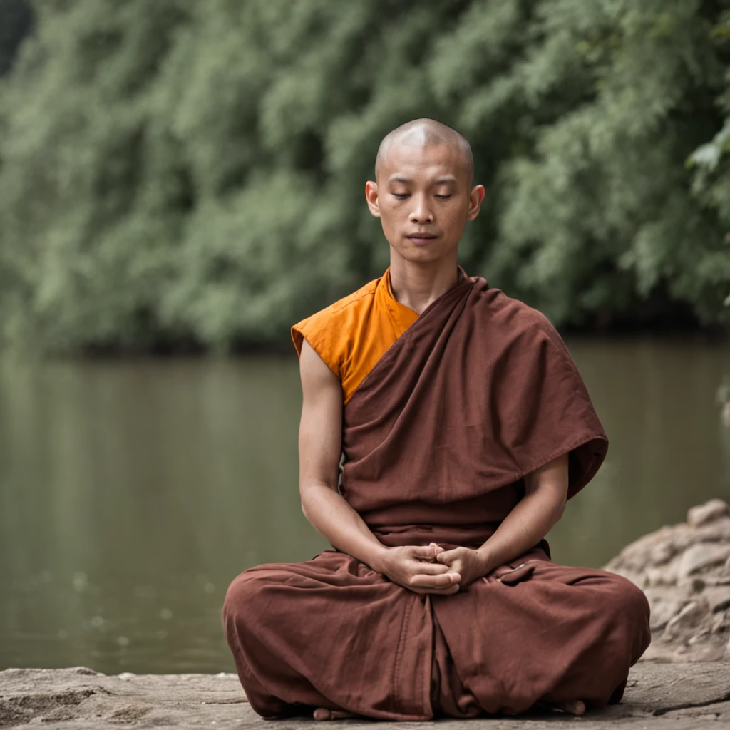 a monk meditating on the bank of a calm river