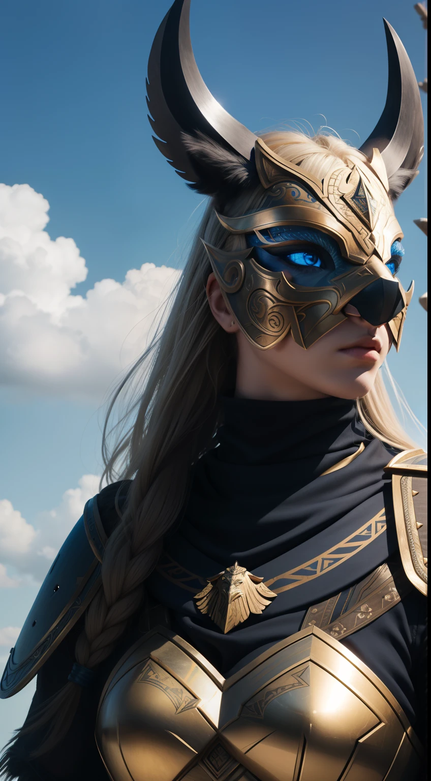 Valkyrie, female, wild boar-shape-mask, on top of lighting tower, blue sky background, Animal Anthropomorphism, realistic digital, humanoid, abstract background, global illumination, intricate, epic, dramatic, masterpiece, high detail, best quality, ultra high res