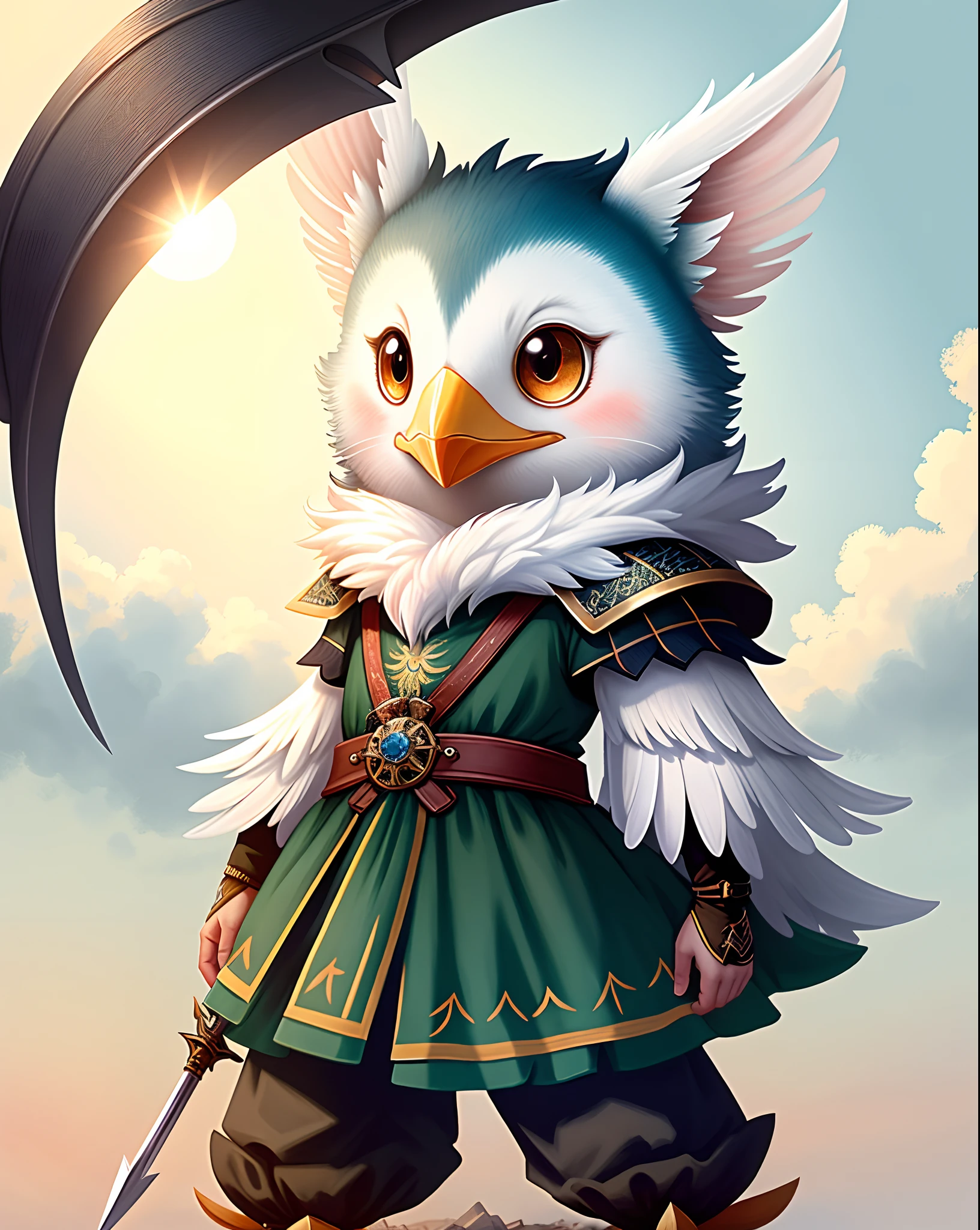 Top image quality、"Create cute creature masterpieces with inspired ultra-detailed concept art. Bring your imagination to life", (Anthropomorphic seagull), high detal, 8K、Top image quality、Dress up as a hunter of medieval Europe、Carrying a spear、Cute pose